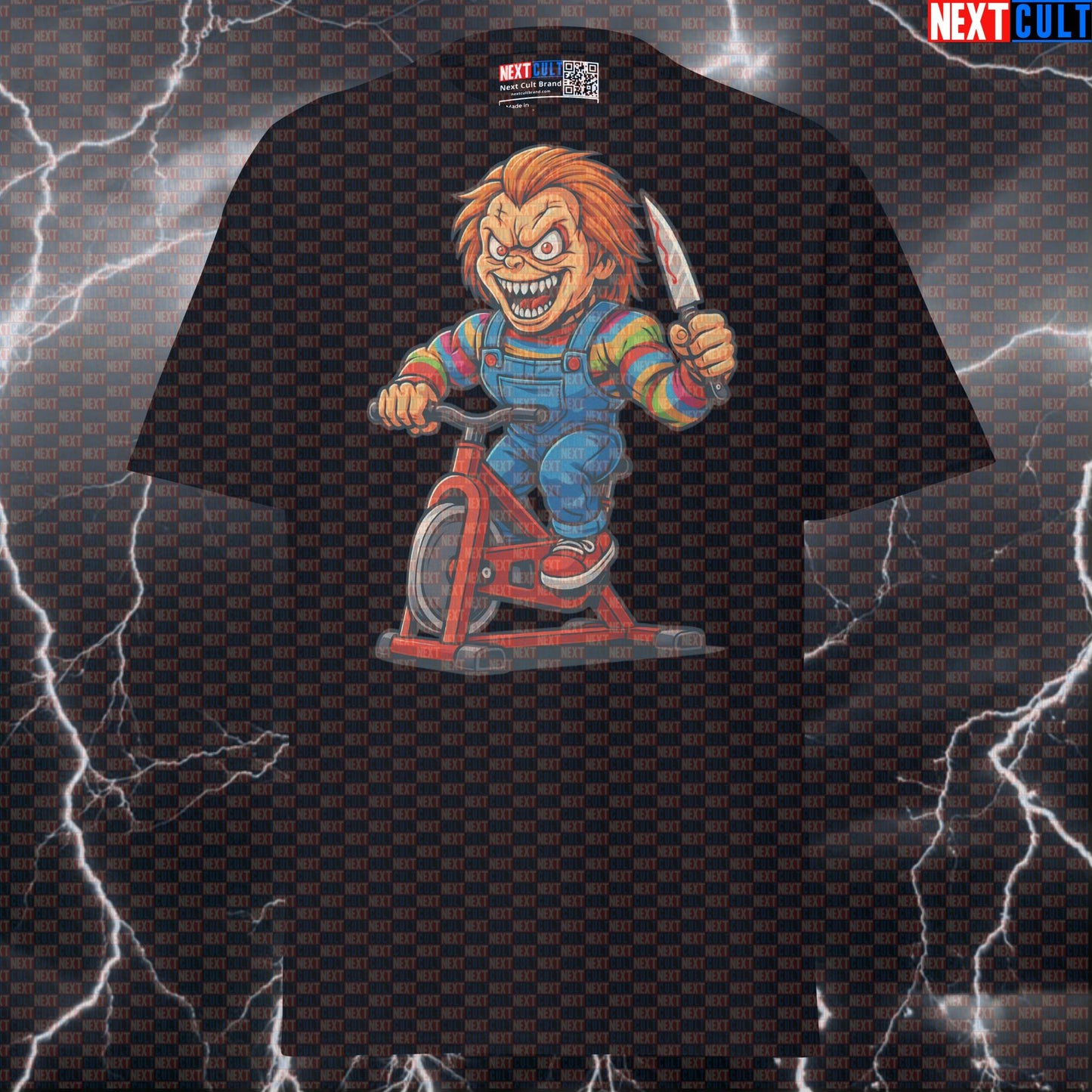 Chucky Spin Class Funny Gym T-Shirt | Scary Cardio Workout Graphic Tee Pump Cover T-shirts Cardio Films Fitness Gym Halloween Pump Cover Workout Next Cult Brand