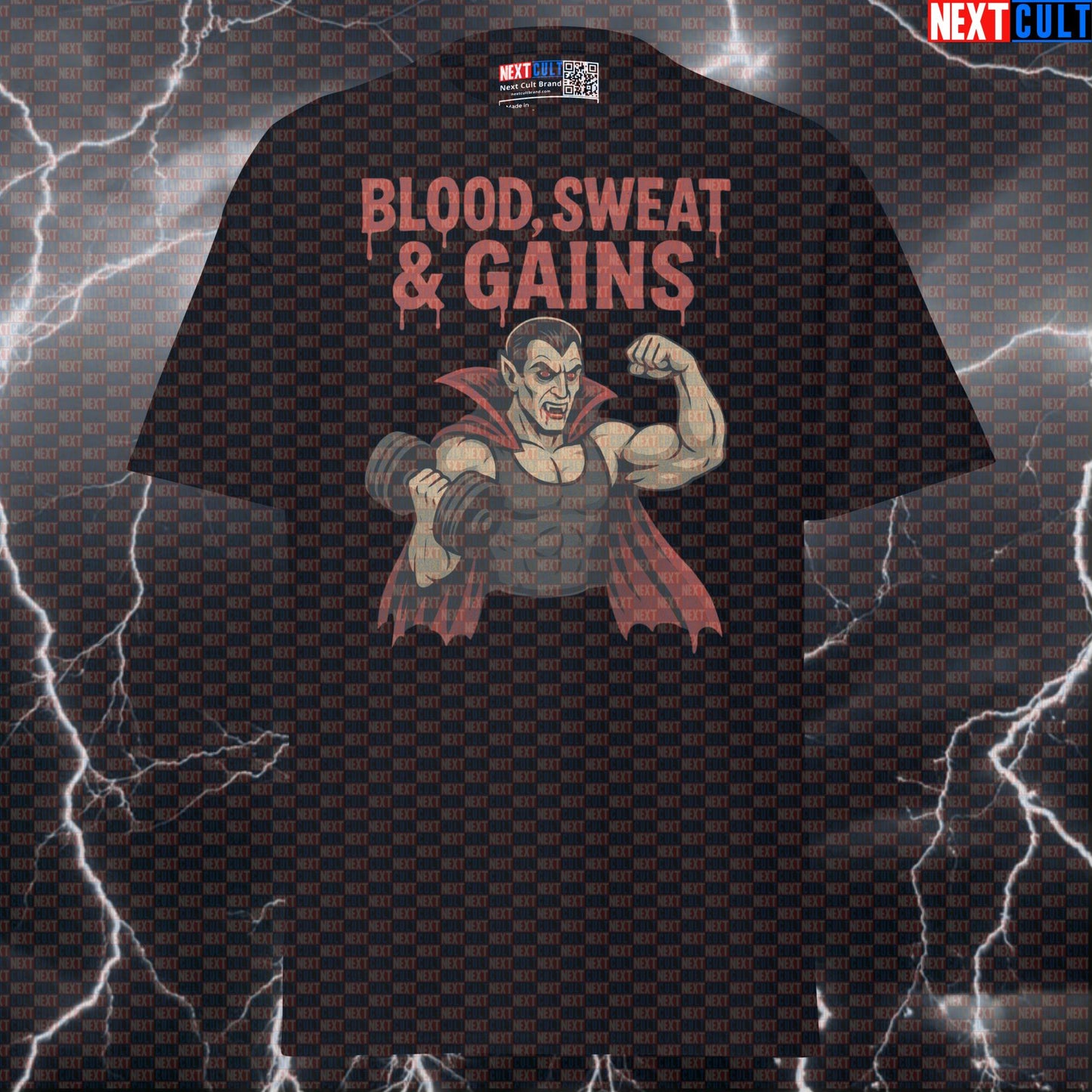 Blood Sweat & Gains Funny Gym T-Shirt | Dracula Vampire Workout Tee Pump Cover T-shirts Bodybuilding Films Fitness Gym Halloween Pump Cover Workout Next Cult Brand