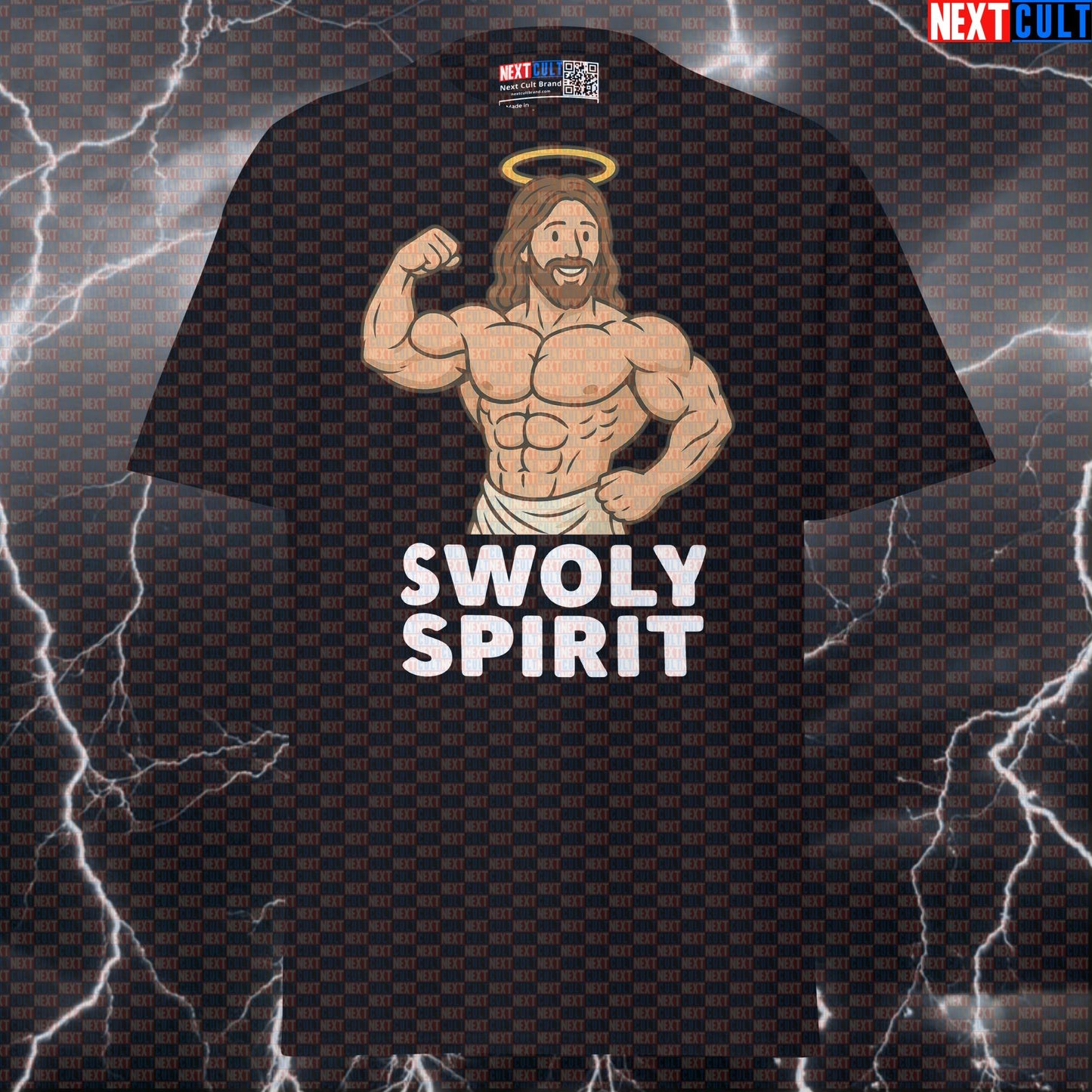 Swoly Spirit Funny Gym T-Shirt | Jesus Bodybuilder Graphic Tee Pump Cover Bodybuilding Easter Fitness Gym Jesus Pump Cover Workout Next Cult Brand