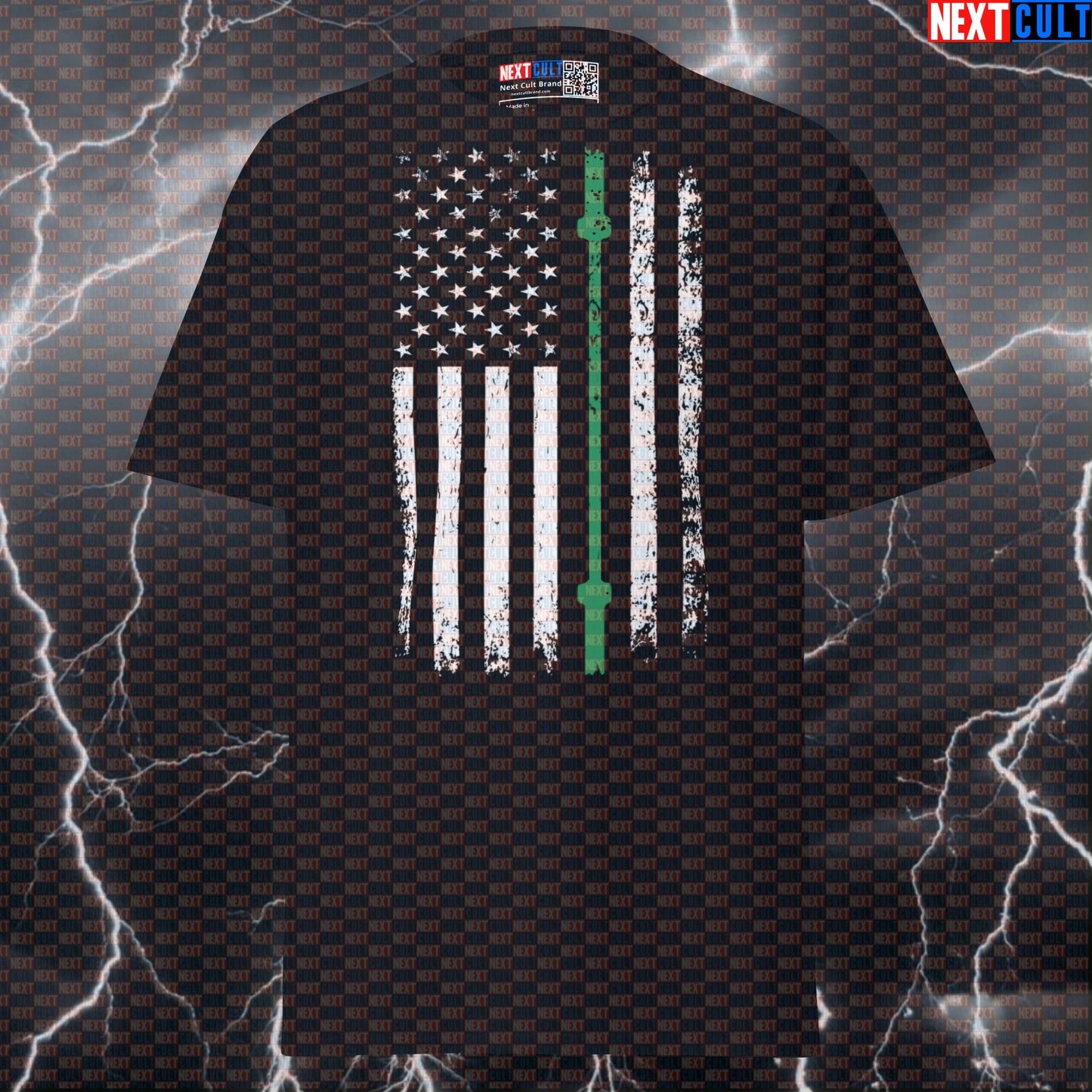 Thin Green Line Barbell Flag T-Shirt | Patriotic Gym Tee for Military Support & Lifters T-shirts 4th of July Fitness Gym Powerlifting Pump Cover Workout Next Cult Brand