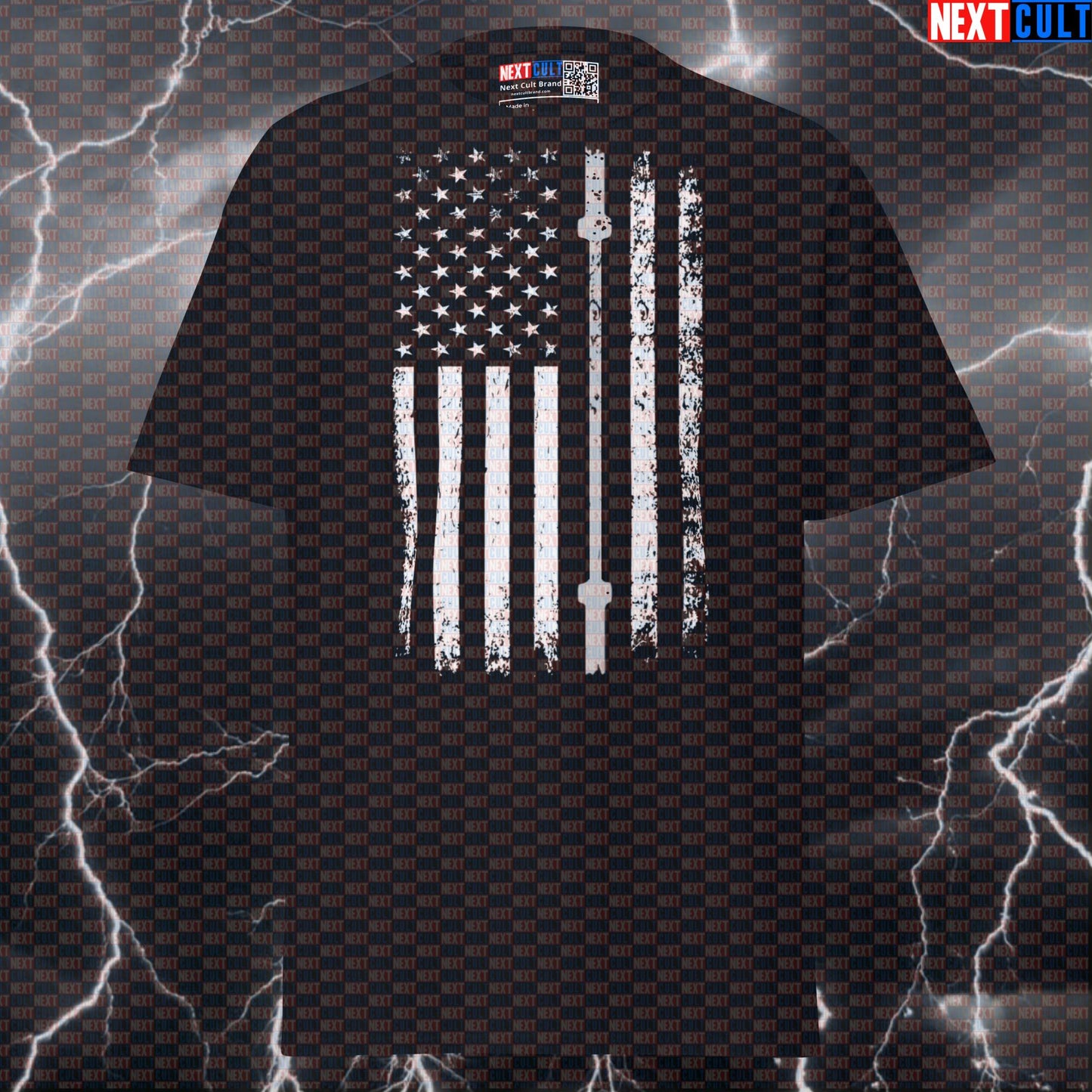 Thin Grey Line Barbell Flag Patriotic Gym Tee | Corrections & Security Fitness Pump Cover T-Shirt T-shirts 4th of July Fitness Gym Powerlifting Pump Cover Workout Next Cult Brand