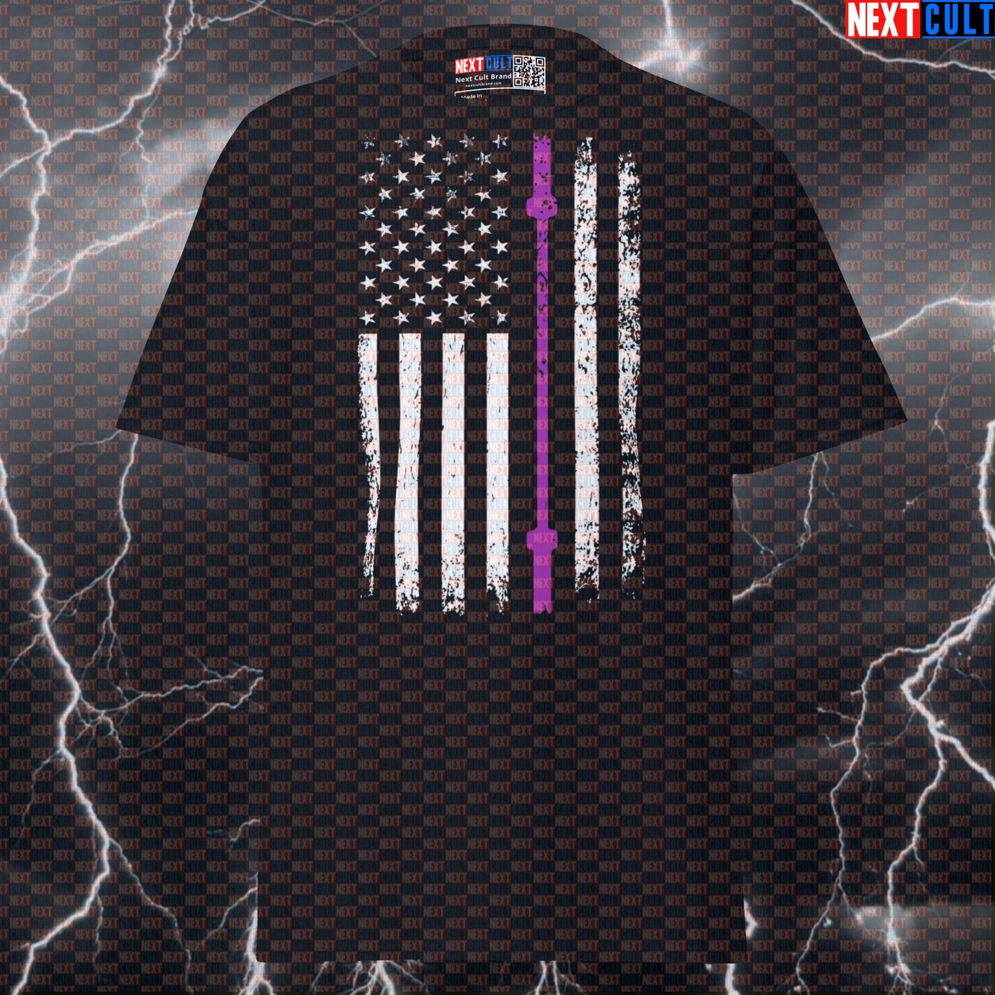 Thin Purple Line American Flag Barbell Graphic Tee | Code Enforcement Gym Pump Cover T-Shirt T-shirts 4th of July Fitness Gym Powerlifting Pump Cover Workout Next Cult Brand
