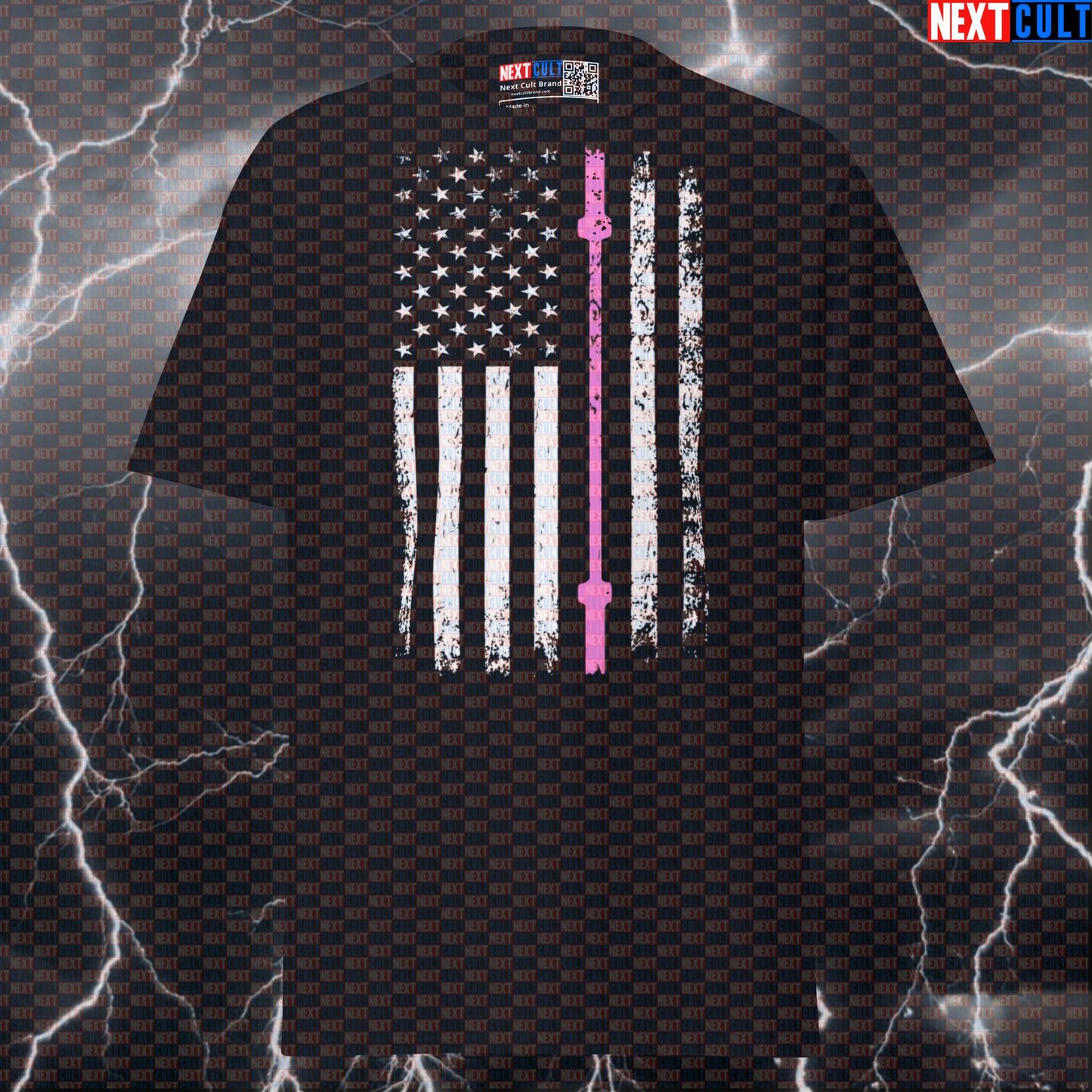Thin Pink Line Barbell Flag Patriotic Gym Tee | Breast Cancer Awareness Funny Workout T-Shirt T-shirts 4th of July Fitness Gym Powerlifting Pump Cover Workout Next Cult Brand