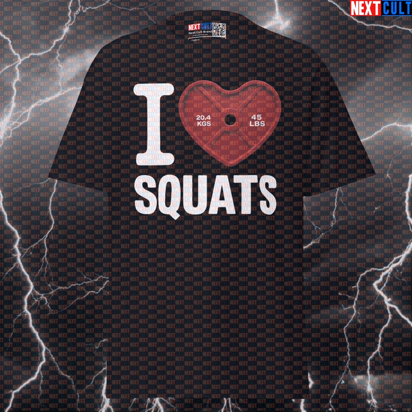 I Love Squats Funny Gym Shirt | Valentine's Leg Day Meme Tee with Red Heart Plate Design T-shirts Bodybuilding Fitness Gym Leg Day Powerlifting Pump Cover Valentine's Day Workout Next Cult Brand