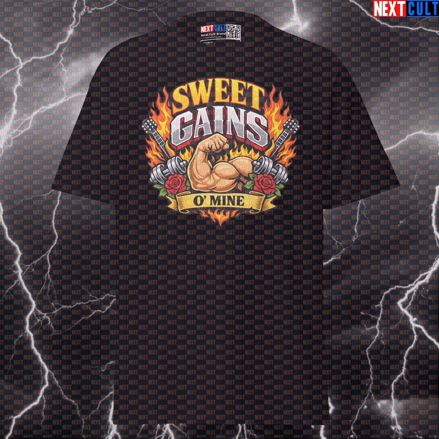 Sweet Gains O’ Mine Funny Rock Music Gymbro Workout Graphic T Shirt for Lifters, Bodybuilding & Fitness Tee Top T-shirts Bodybuilding Fitness Guns N' Roses Gym Powerlifting Pump Cover Rock Music Workout Next Cult Brand