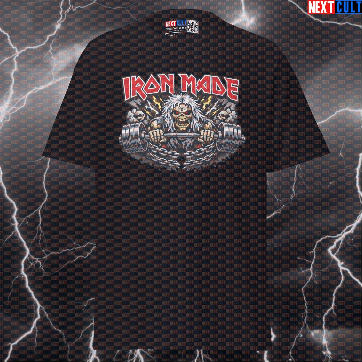 Iron Made Made by Iron Heavy Metal Rock Music Bodybuilding Gym Shirt — Funny Iron Maiden Workout Graphic T-Shirt for Lifters & Gains T-shirts Fitness Gym Iron Maiden Powerlifting Pump Cover Rock Music Workout Next Cult Brand