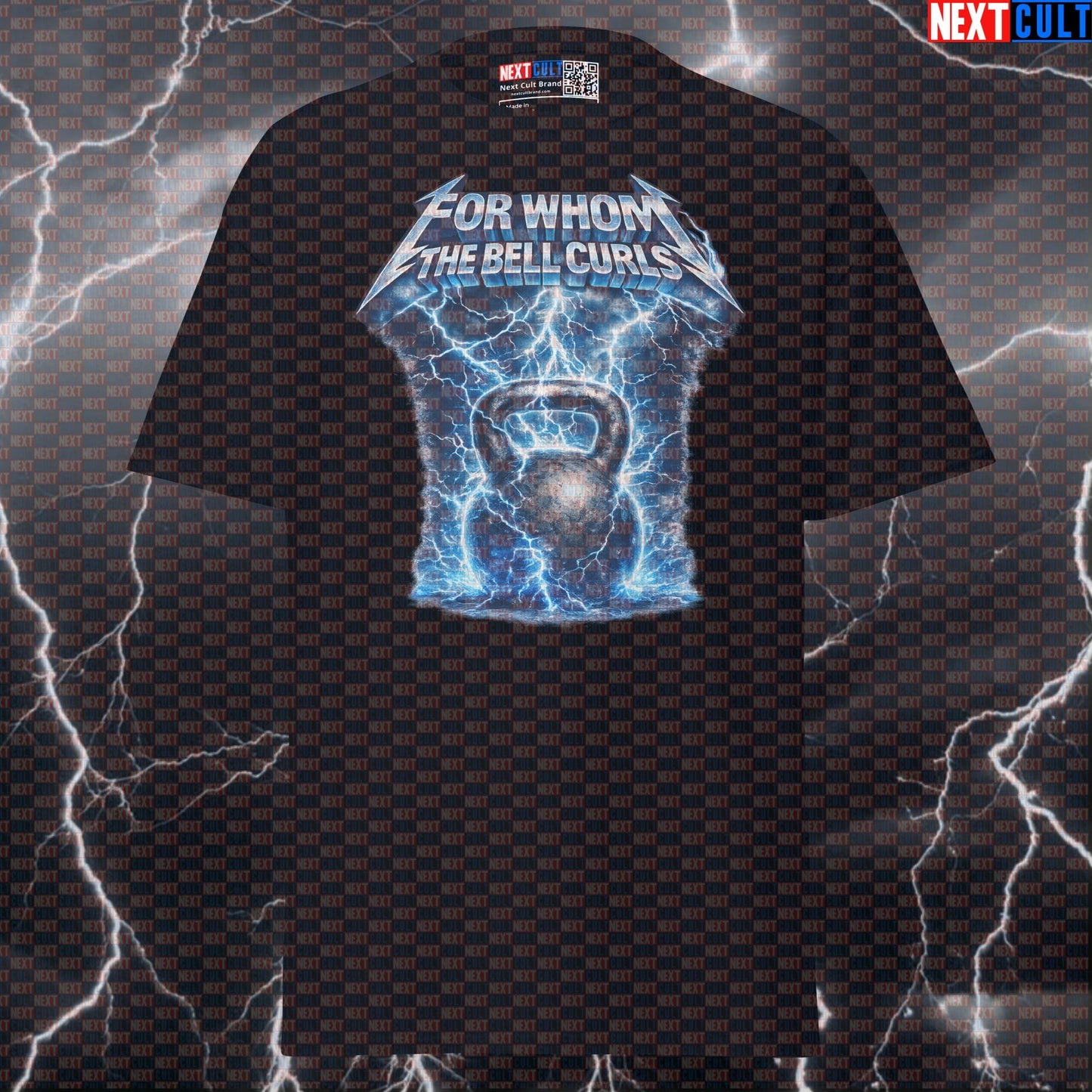 For Whom The Bell Curls Funny Gym T-Shirt Metallica Kettlebell Workout Tee Heavy Metal Fitness Meme Shirt Bodybuilding Fitness Gym Kettlebell Metallica Pump Cover Rock Music Workout Next Cult Brand