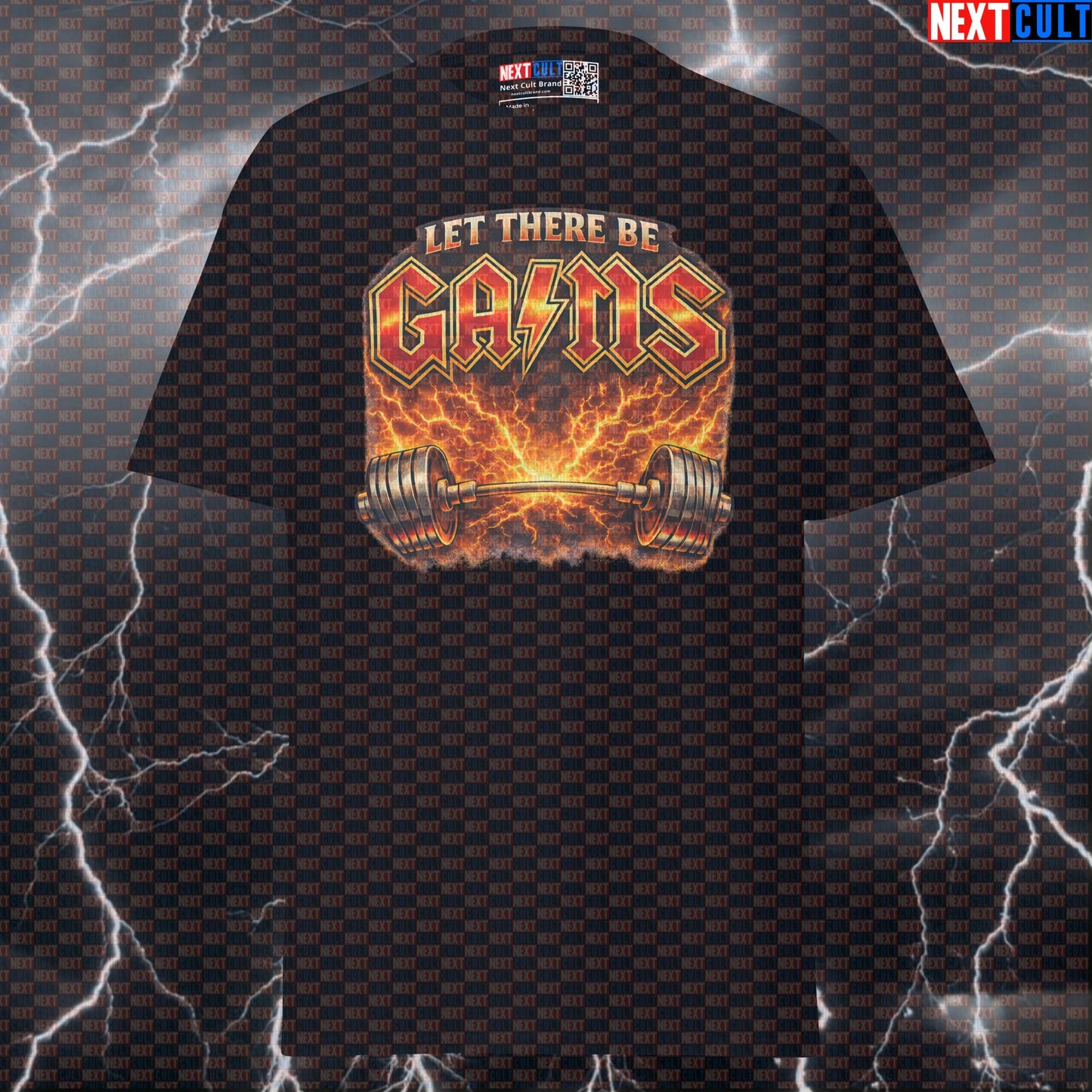 Let There Be Gains Funny Gym T-Shirt Let There Be Rock Parody AC/DC Heavy Metal Rock Music Workout Tee for Lifters T-shirts AC/DC Bodybuilding Fitness Gym Powerlifting Pump Cover Rock Music Workout Next Cult Brand