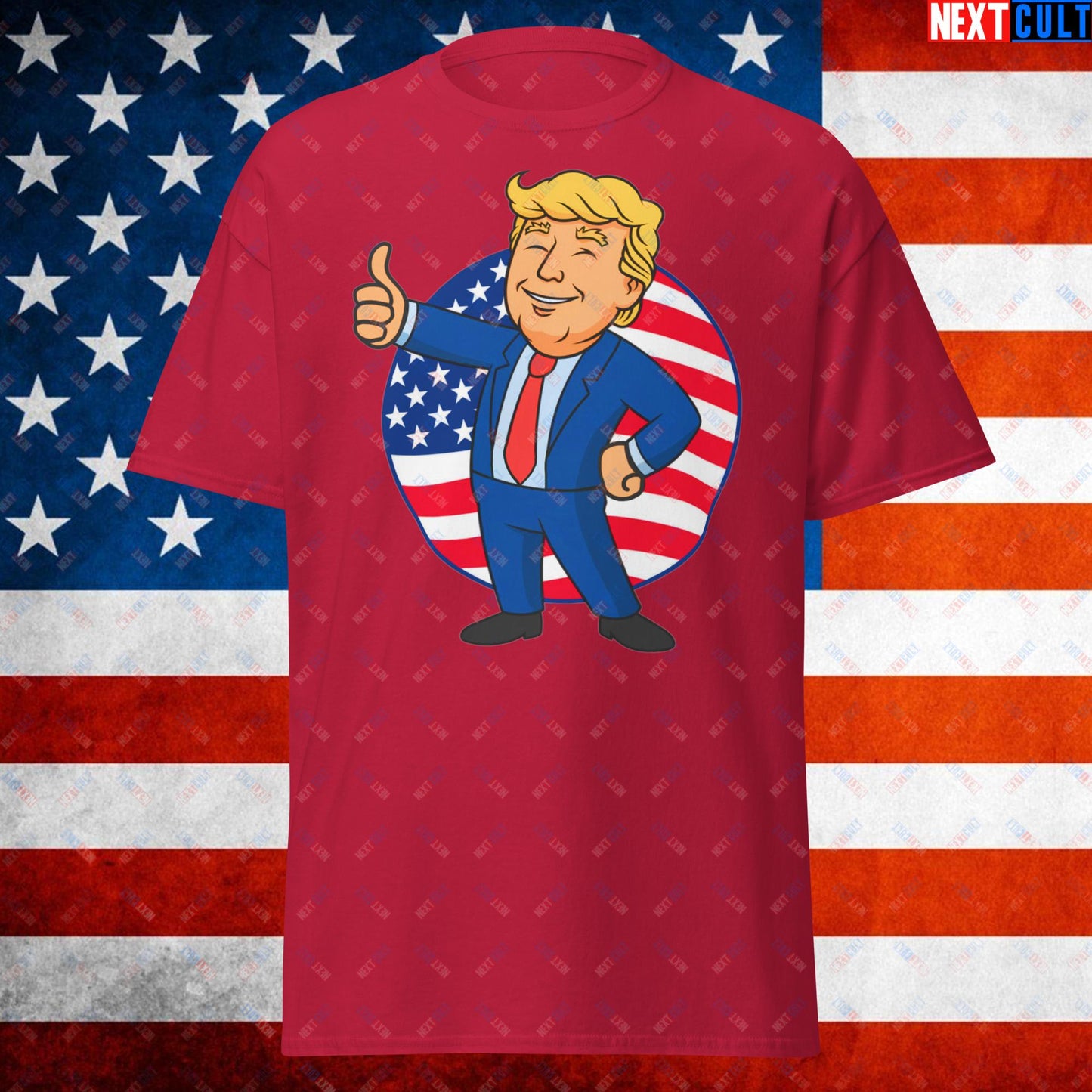 President Boy Donald Trump Politics Vault Boy Fallout Funny Meme Cartoon Mashup Unisex tee Cardinal T-shirts Donald Trump Fallout Politics Republicans Vault Boy Next Cult Brand