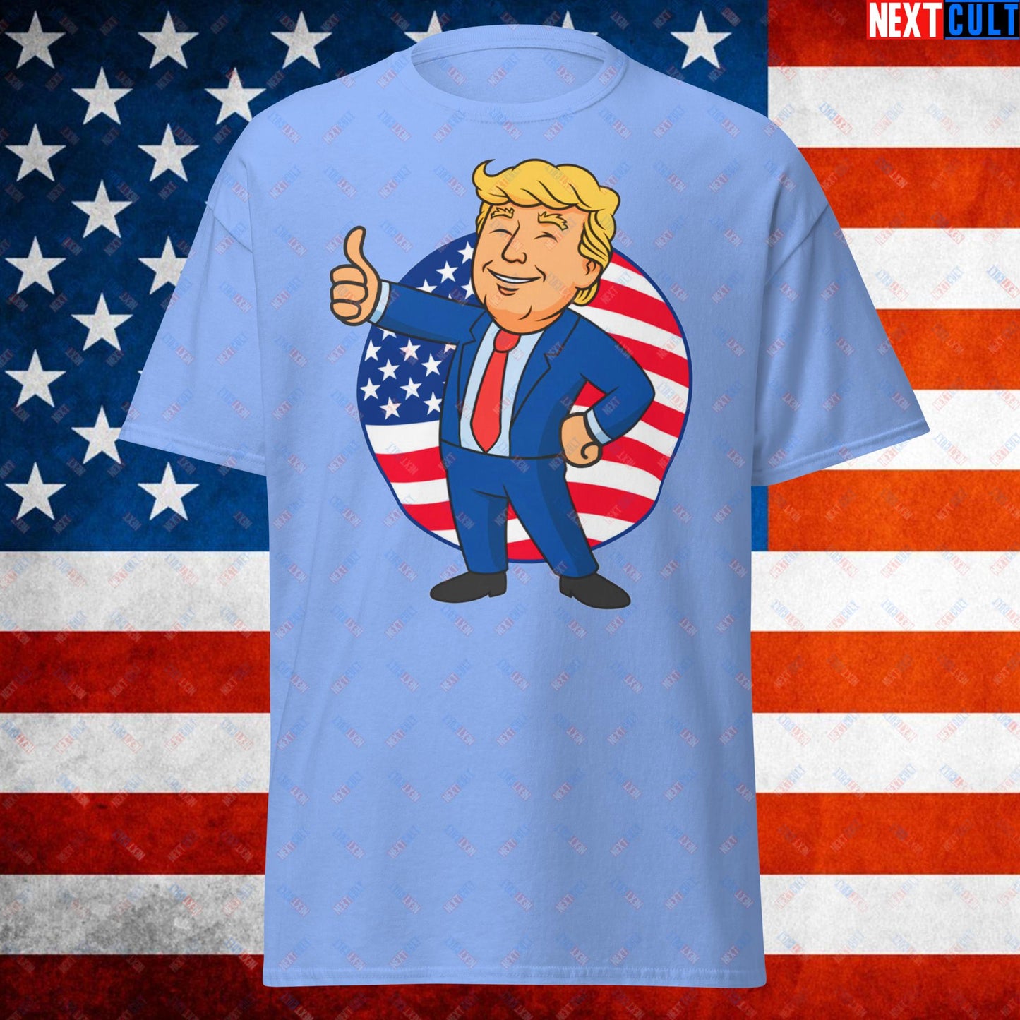 President Boy Donald Trump Politics Vault Boy Fallout Funny Meme Cartoon Mashup Unisex tee Carolina Blue T-shirts Donald Trump Fallout Politics Republicans Vault Boy Next Cult Brand
