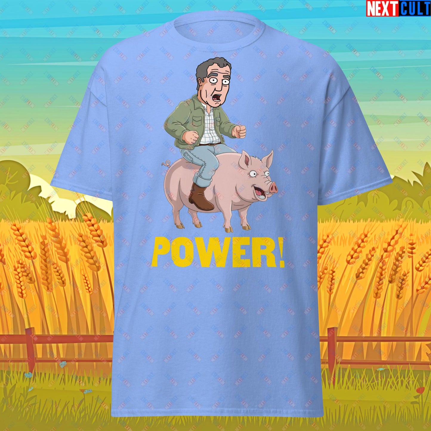 Power Pig Farming Jeremy Clarkson's Farm Diddly Squat Grand Tour Top Gear Funny Meme Cartoon Unisex tee Carolina Blue T-shirts Clarkson's Farm Grand Tour Jeremy Clarkson Top Gear TV Shows Next Cult Brand