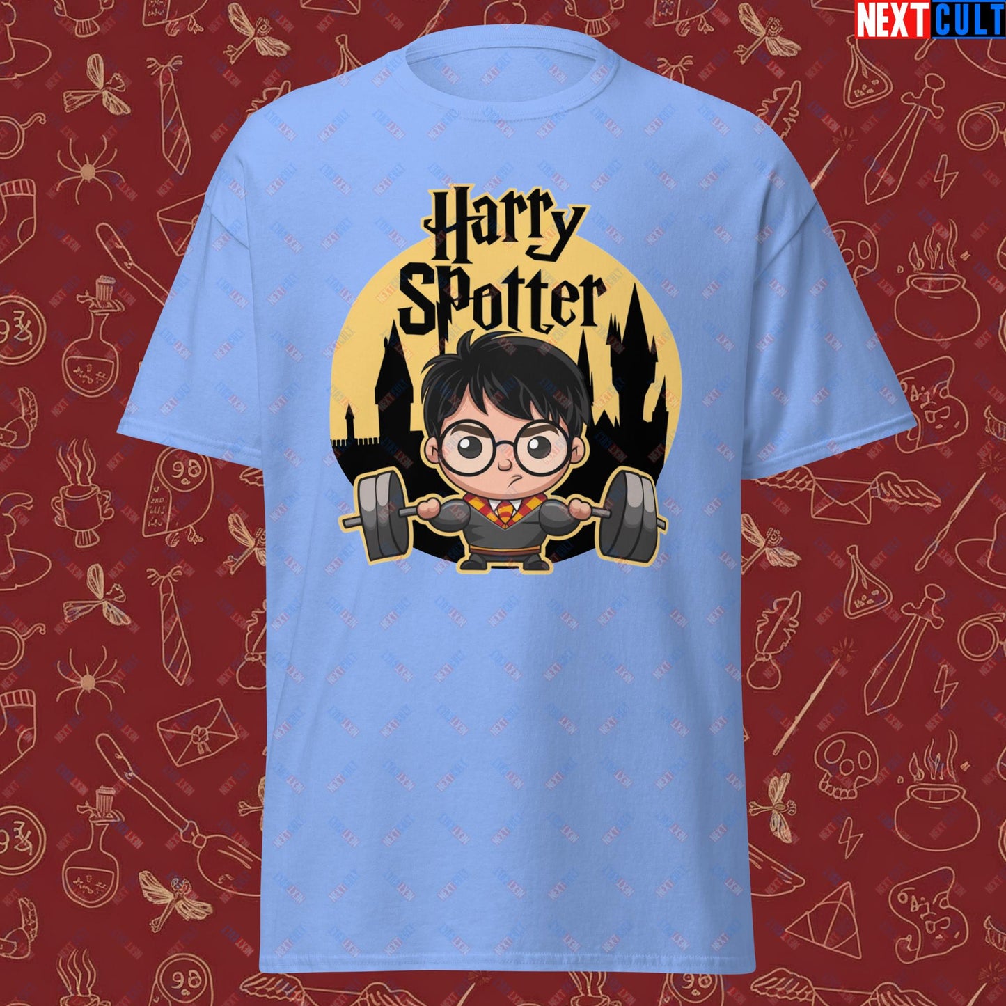 Harry Spotter Funny Gym Meme Weightlifting Bodybuilding Fitness Workout Unisex classic tee Carolina Blue T-shirts Bodybuilding Books Fitness Gym Harry Potter Powerlifting Pump Cover TV Workout Next Cult Brand