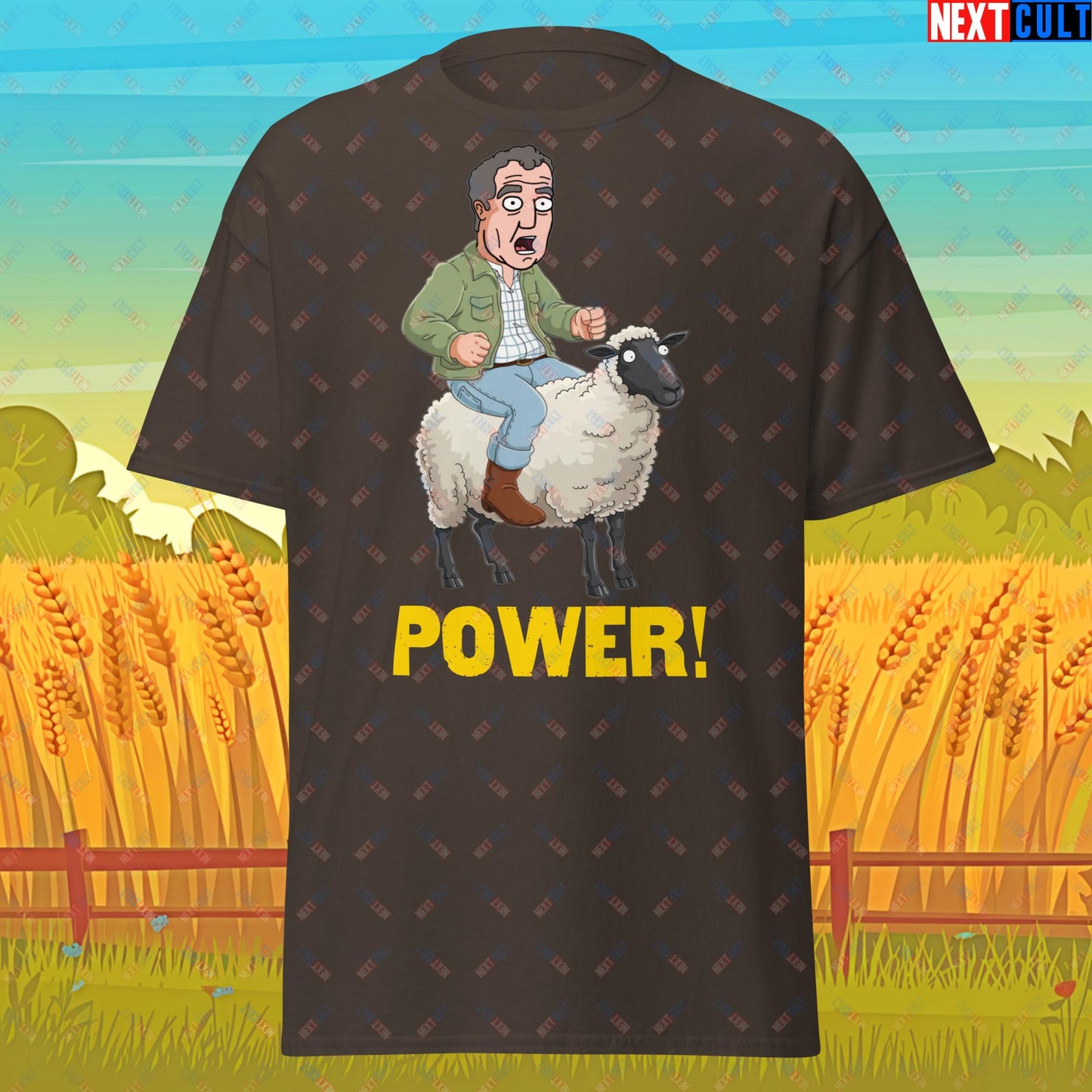 Power Sheep Jeremy Clarkson's Farm Diddly Squat Grand Tour Top Gear Funny Meme Cartoon Unisex tee Dark Chocolate T-shirts Clarkson's Farm Grand Tour Jeremy Clarkson Top Gear TV Shows Next Cult Brand