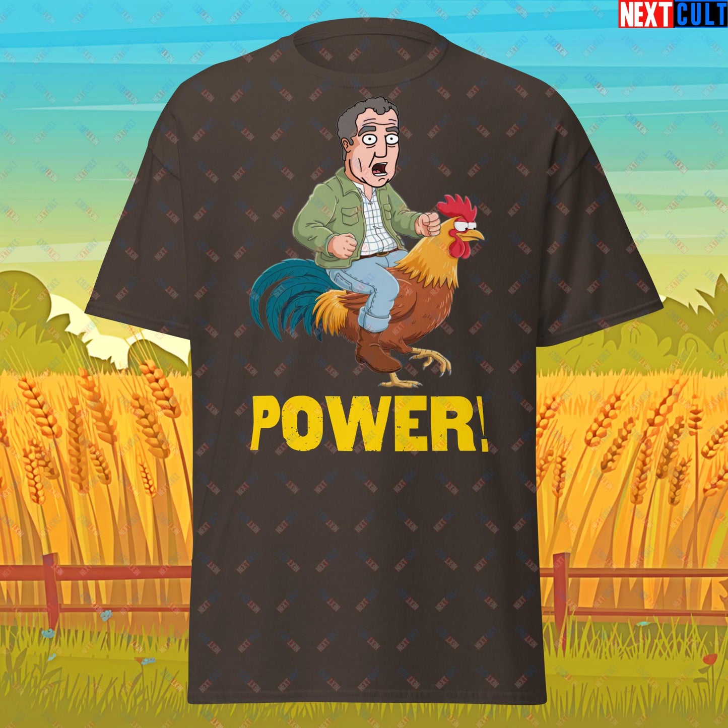 Power Rooster Chicken Farming Jeremy Clarkson's Farm Diddly Squat Grand Tour Top Gear Funny Meme Cartoon Unisex tee Dark Chocolate T-shirts Clarkson's Farm Grand Tour Jeremy Clarkson Top Gear TV Shows Next Cult Brand