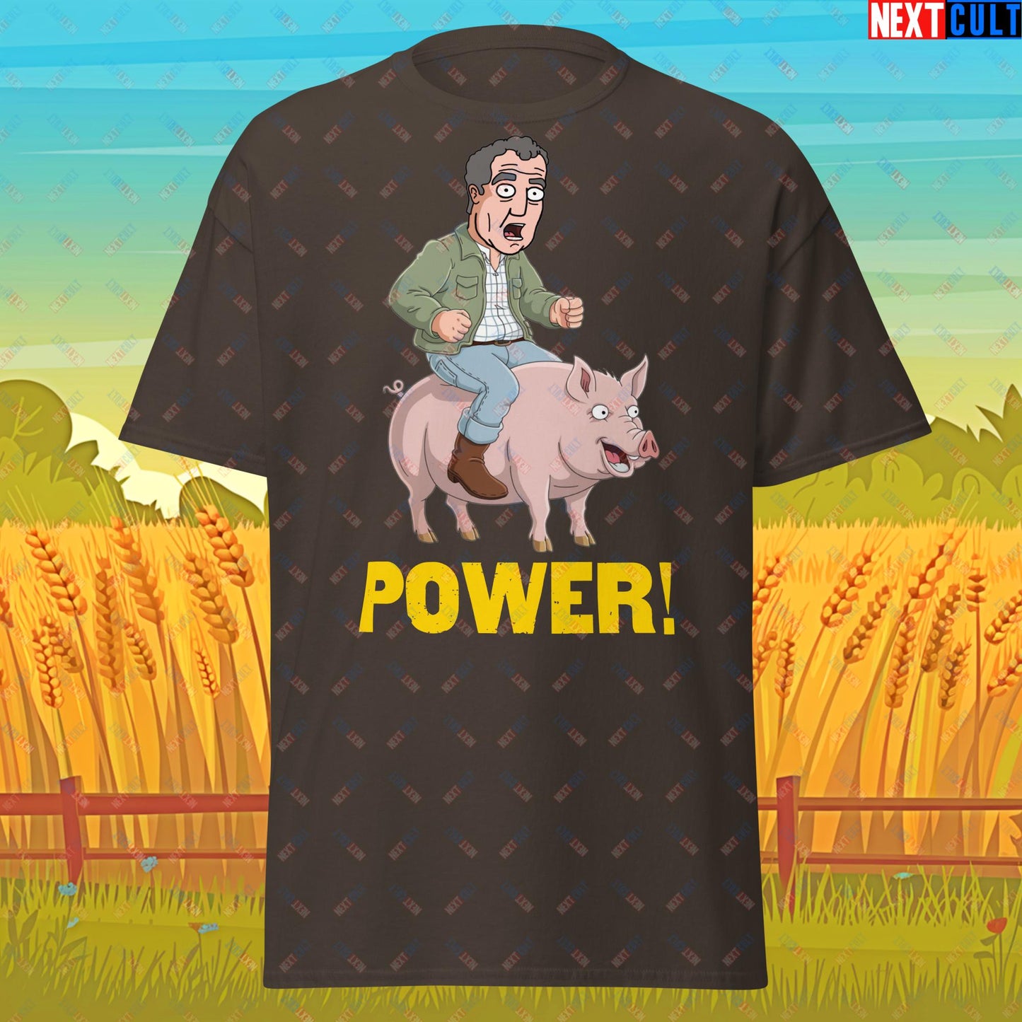 Power Pig Farming Jeremy Clarkson's Farm Diddly Squat Grand Tour Top Gear Funny Meme Cartoon Unisex tee Dark Chocolate T-shirts Clarkson's Farm Grand Tour Jeremy Clarkson Top Gear TV Shows Next Cult Brand