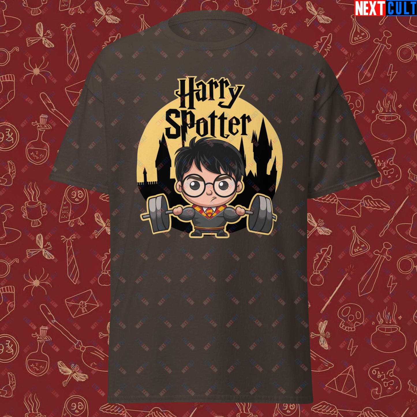 Harry Spotter Funny Gym Meme Weightlifting Bodybuilding Fitness Workout Unisex classic tee Dark Chocolate T-shirts Bodybuilding Books Fitness Gym Harry Potter Powerlifting Pump Cover TV Workout Next Cult Brand