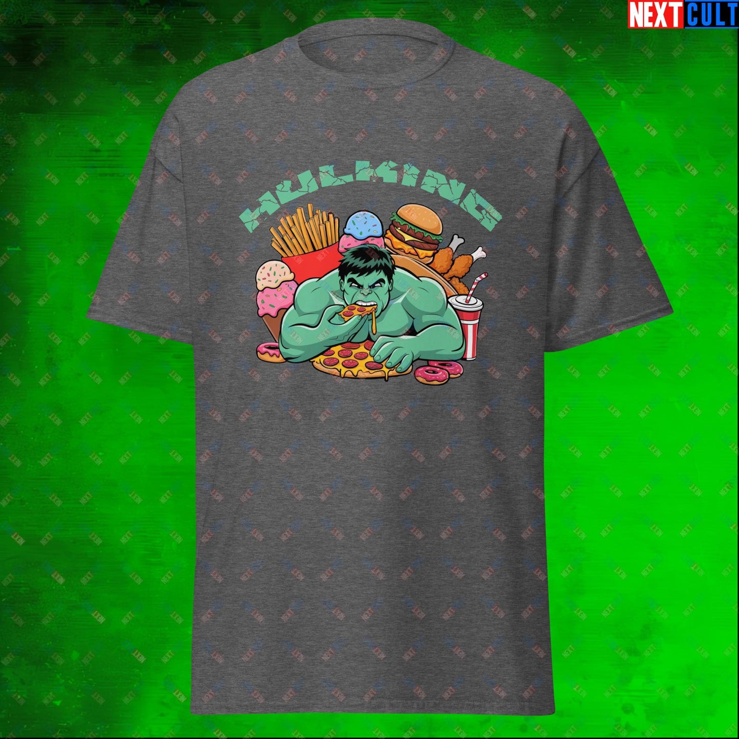 Hulking Bulking Funny Gym Meme Cartoon Unisex tee Dark Heather T-shirts Avengers Bulking Fast Food Films Fitness Gym Hulk Movies Pump Cover Superheroes Workout Next Cult Brand