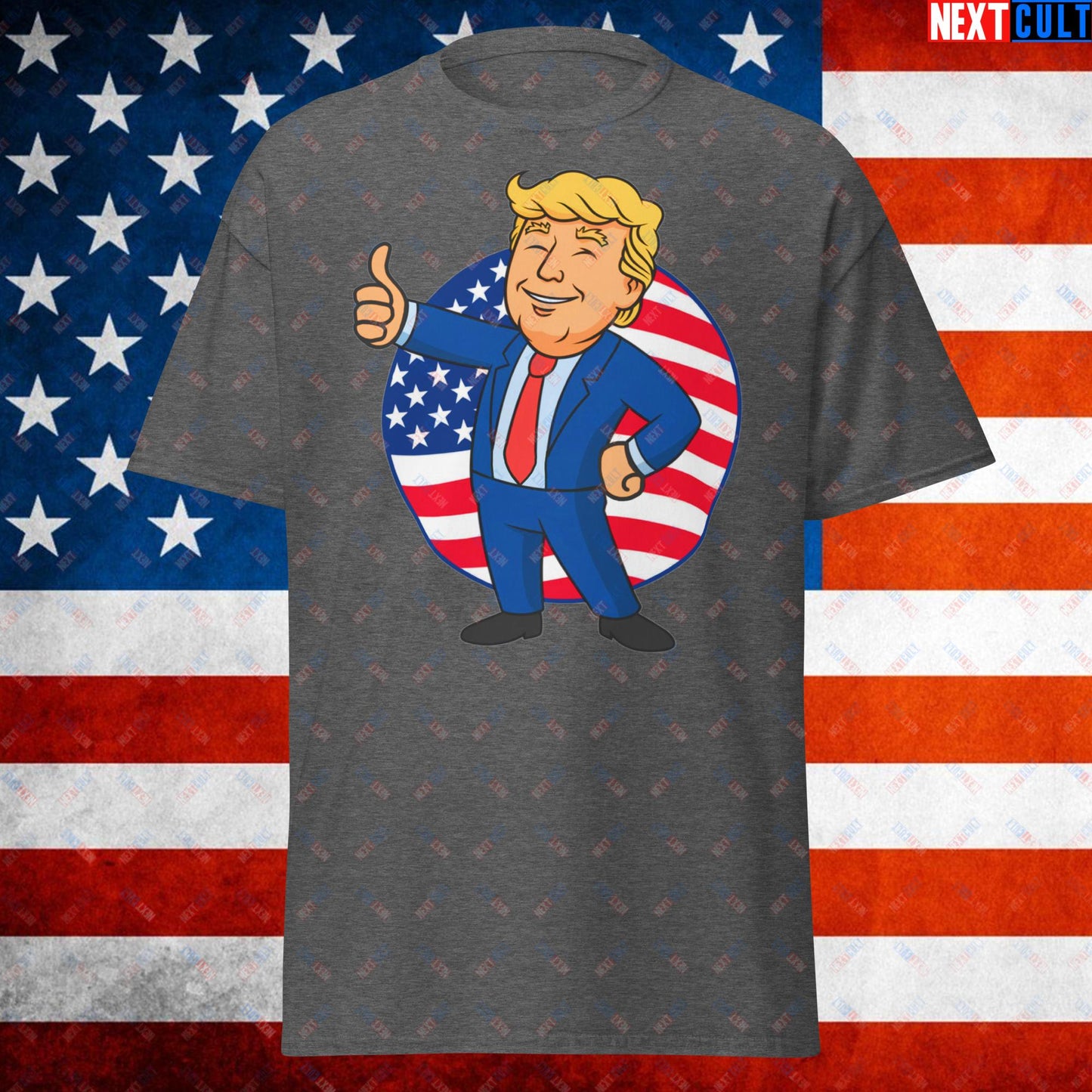 President Boy Donald Trump Politics Vault Boy Fallout Funny Meme Cartoon Mashup Unisex tee Dark Heather T-shirts Donald Trump Fallout Politics Republicans Vault Boy Next Cult Brand