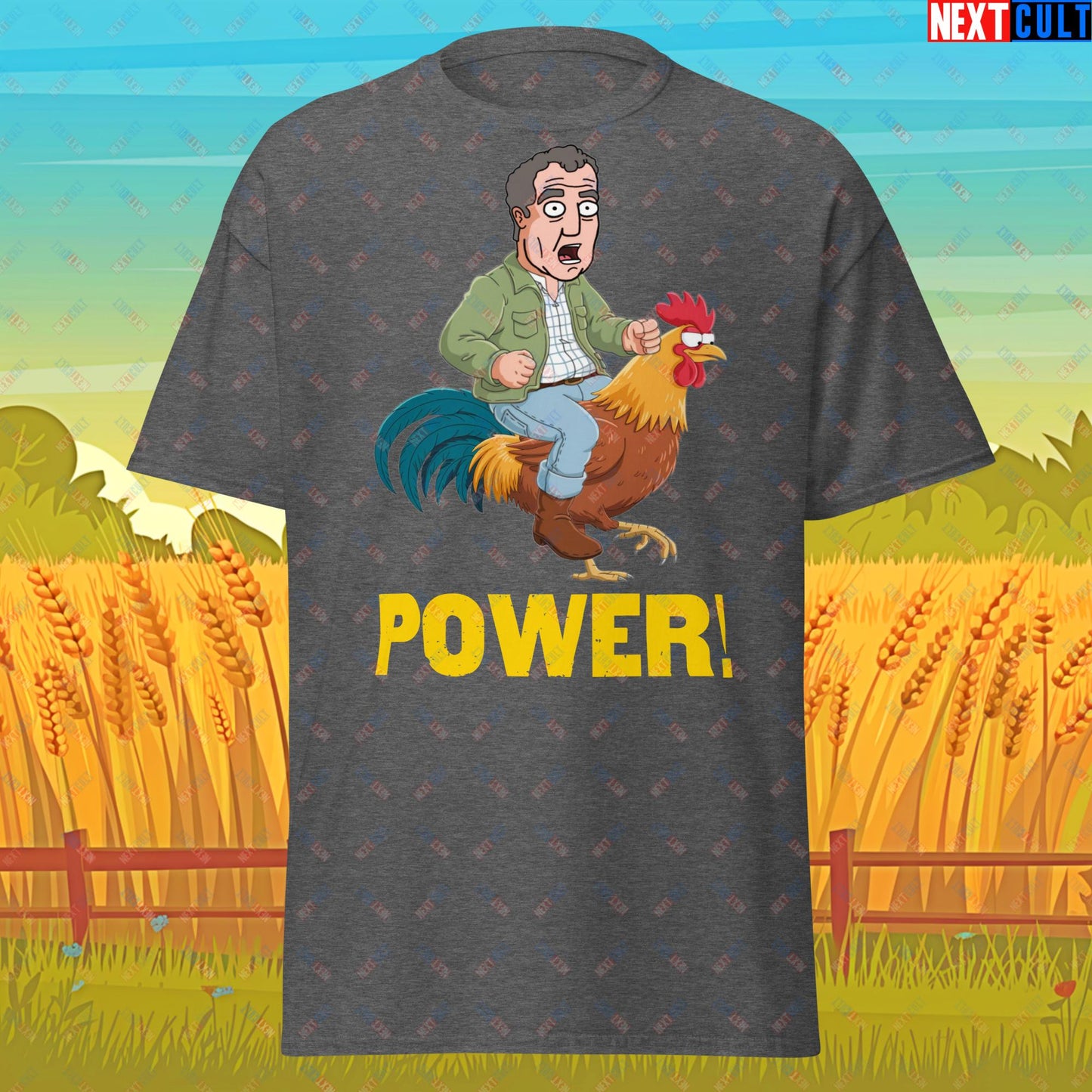 Power Rooster Chicken Farming Jeremy Clarkson's Farm Diddly Squat Grand Tour Top Gear Funny Meme Cartoon Unisex tee Dark Heather T-shirts Clarkson's Farm Grand Tour Jeremy Clarkson Top Gear TV Shows Next Cult Brand