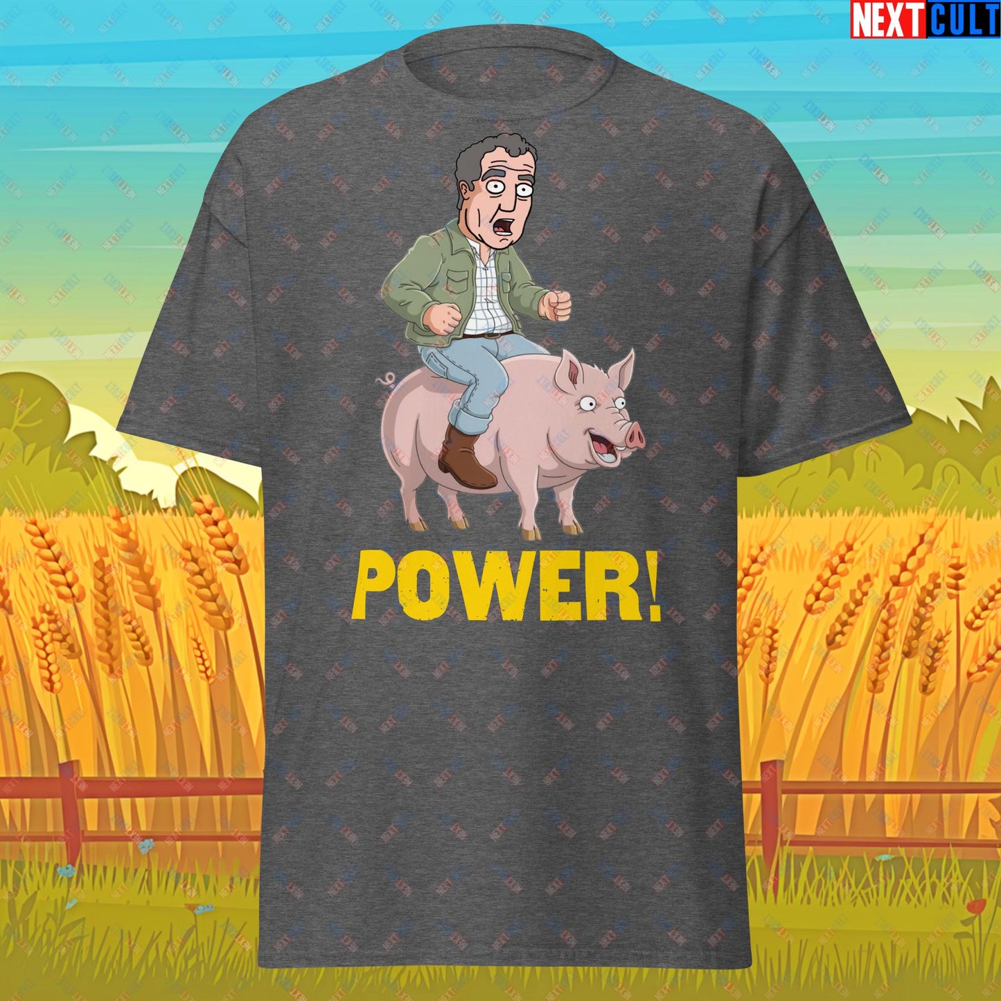 Power Pig Farming Jeremy Clarkson's Farm Diddly Squat Grand Tour Top Gear Funny Meme Cartoon Unisex tee Dark Heather T-shirts Clarkson's Farm Grand Tour Jeremy Clarkson Top Gear TV Shows Next Cult Brand