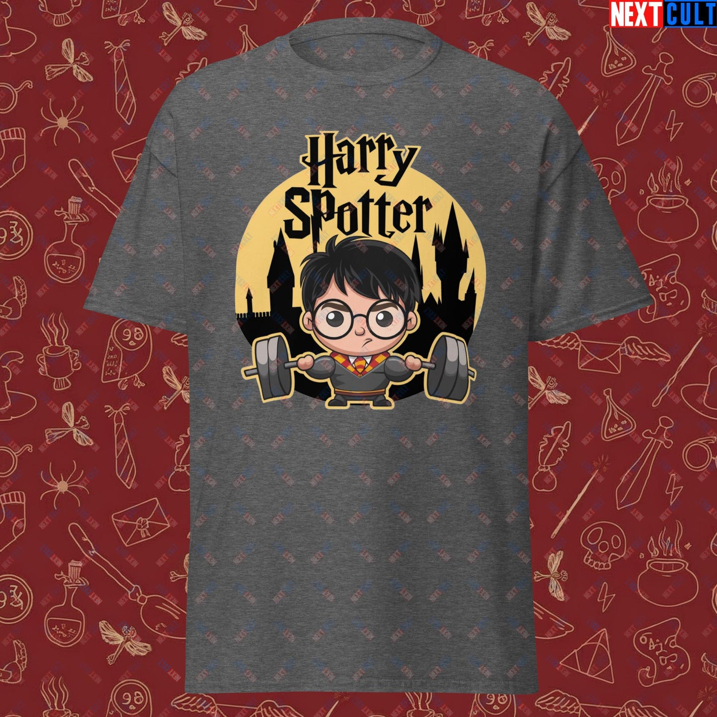 Harry Spotter Funny Gym Meme Weightlifting Bodybuilding Fitness Workout Unisex classic tee Dark Heather T-shirts Bodybuilding Books Fitness Gym Harry Potter Powerlifting Pump Cover TV Workout Next Cult Brand