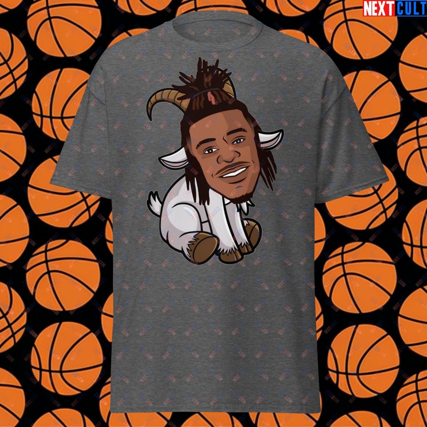 Ja Morant G.O.A.T. T-Shirt - Funny Basketball Meme Tee - Memphis Grizzlies GOAT Cartoon Design Casual Top - Perfect Gift for Basketball Fans Dark Heather T-shirts Basketball G.O.A.T. Ja Morant Memphis Grizzlies NBA Next Cult Brand