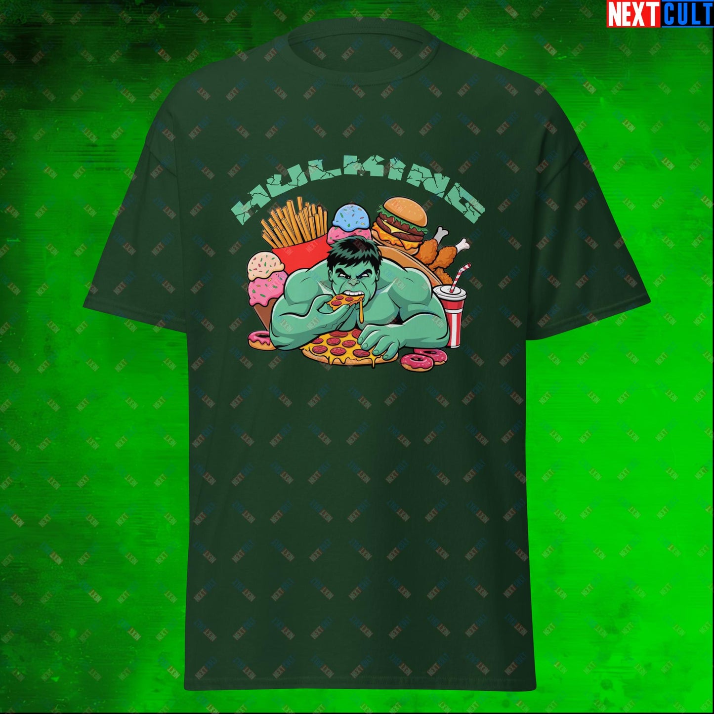 Hulking Bulking Funny Gym Meme Cartoon Unisex tee Forest Green T-shirts Avengers Bulking Fast Food Films Fitness Gym Hulk Movies Pump Cover Superheroes Workout Next Cult Brand