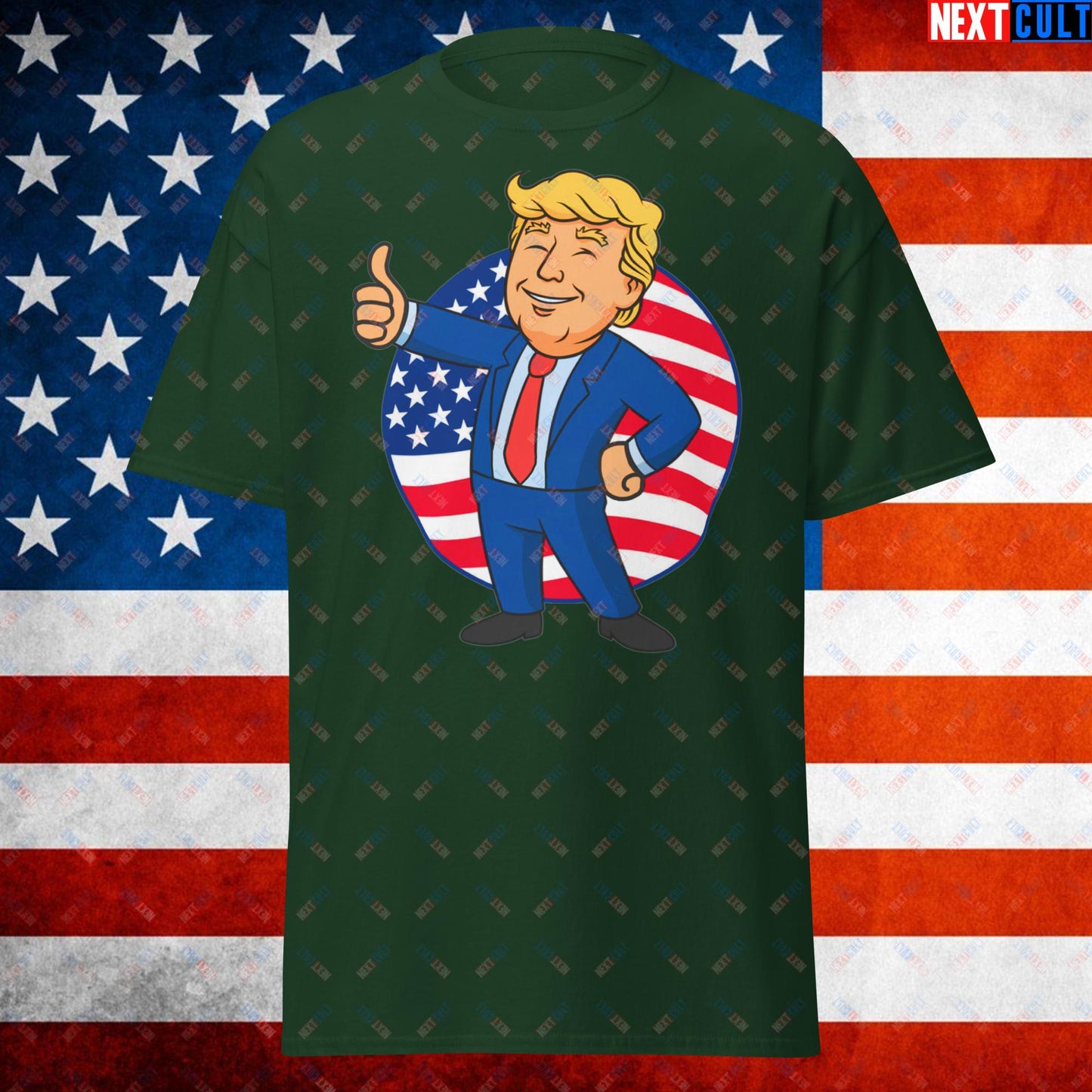 President Boy Donald Trump Politics Vault Boy Fallout Funny Meme Cartoon Mashup Unisex tee Forest Green T-shirts Donald Trump Fallout Politics Republicans Vault Boy Next Cult Brand