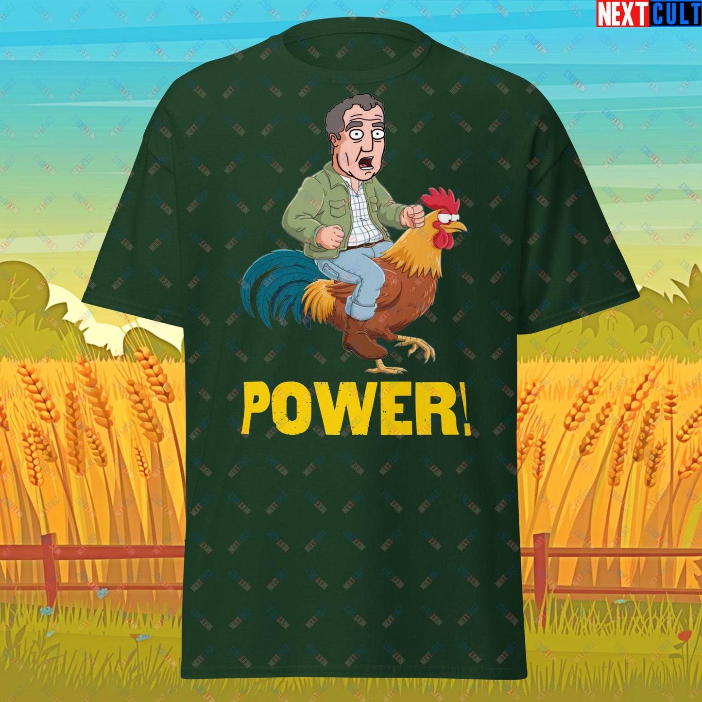 Power Rooster Chicken Farming Jeremy Clarkson's Farm Diddly Squat Grand Tour Top Gear Funny Meme Cartoon Unisex tee Forest Green T-shirts Clarkson's Farm Grand Tour Jeremy Clarkson Top Gear TV Shows Next Cult Brand