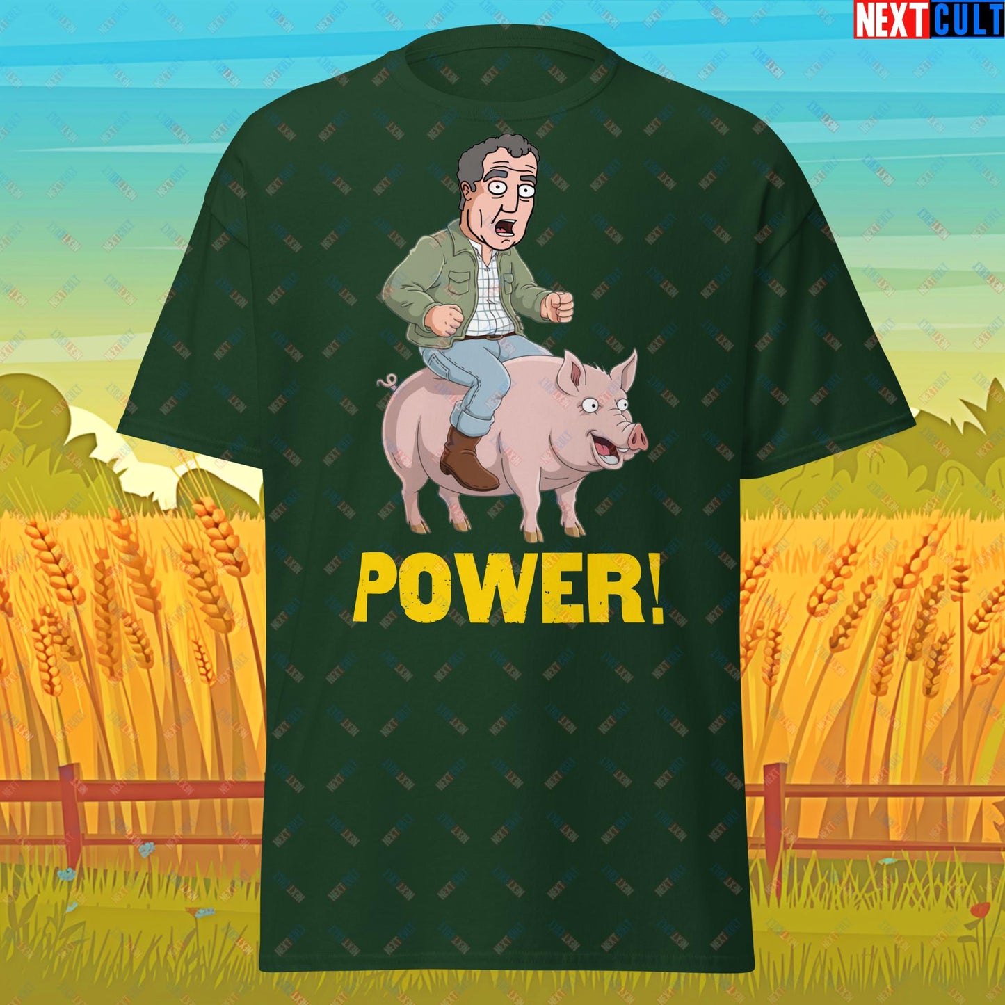 Power Pig Farming Jeremy Clarkson's Farm Diddly Squat Grand Tour Top Gear Funny Meme Cartoon Unisex tee Forest Green T-shirts Clarkson's Farm Grand Tour Jeremy Clarkson Top Gear TV Shows Next Cult Brand