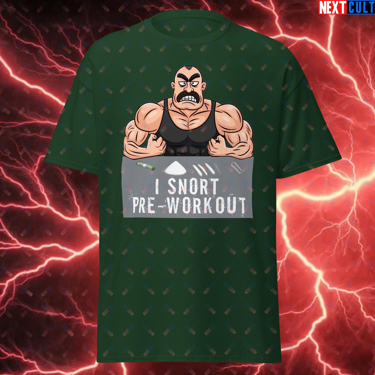 I Snort Pre-workout Gym Bro Fitness Bodybuilding Workout Weightlifting Powerlifting Funny Meme Cartoon Unisex tee Forest Green T-shirts Fitness Gym Pump Cover Workout Next Cult Brand