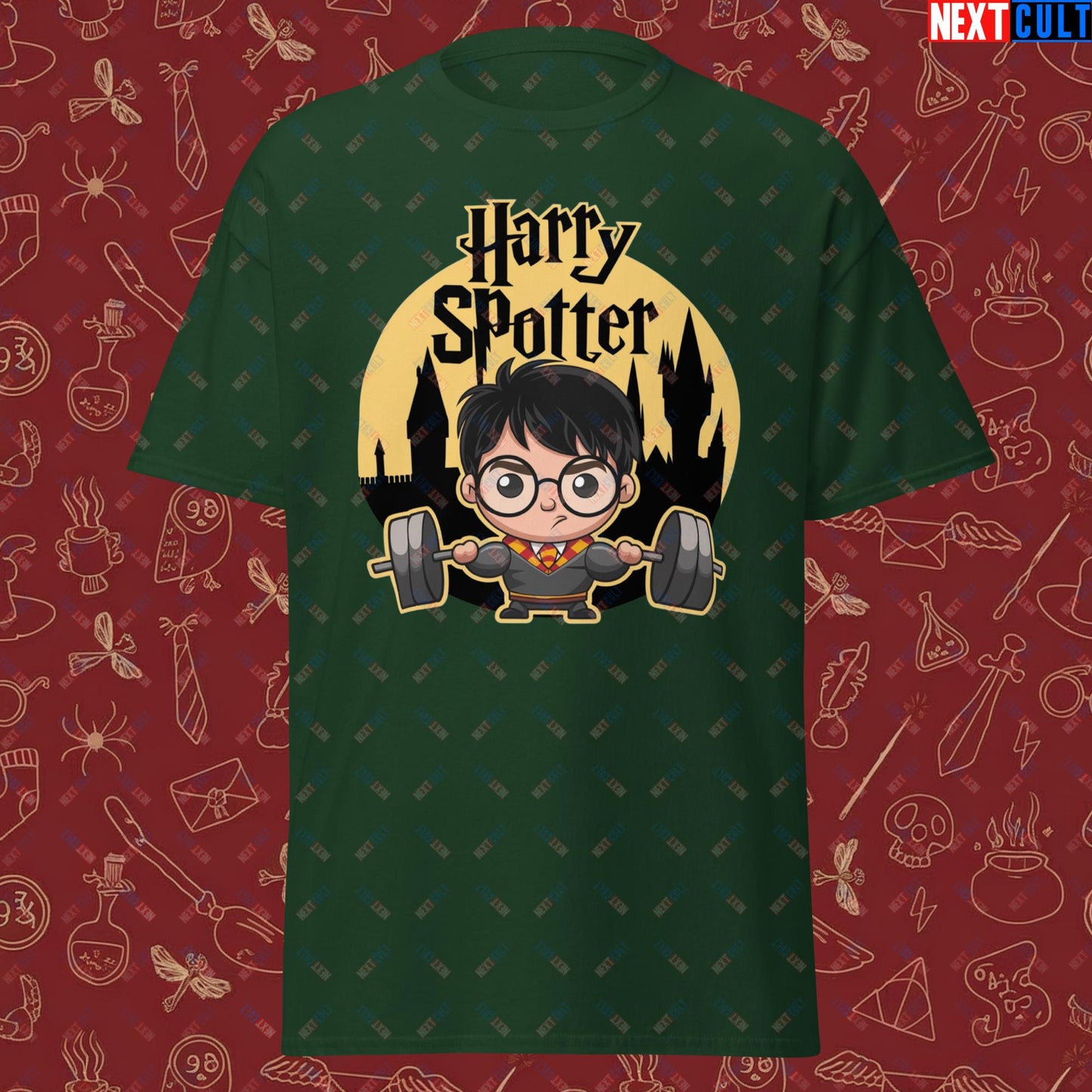 Harry Spotter Funny Gym Meme Weightlifting Bodybuilding Fitness Workout Unisex classic tee Forest Green T-shirts Bodybuilding Books Fitness Gym Harry Potter Powerlifting Pump Cover TV Workout Next Cult Brand