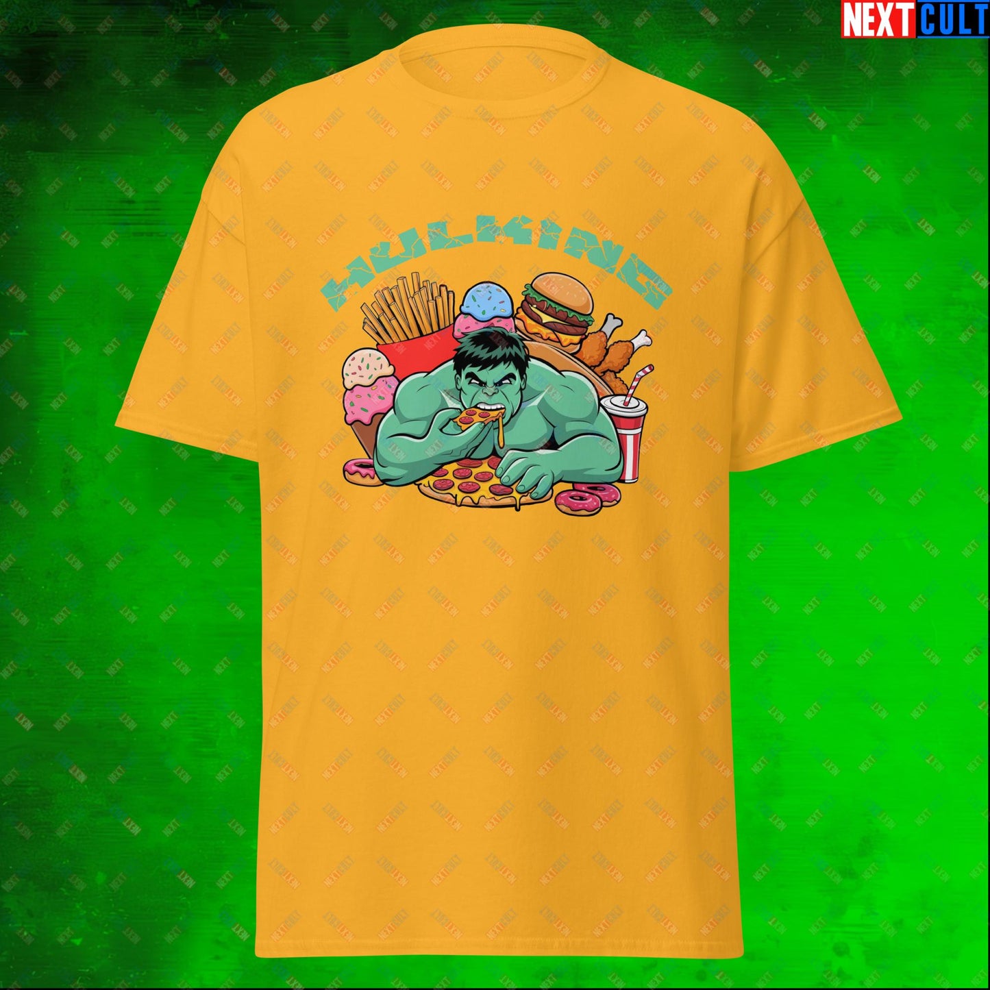 Hulking Bulking Funny Gym Meme Cartoon Unisex tee Gold T-shirts Avengers Bulking Fast Food Films Fitness Gym Hulk Movies Pump Cover Superheroes Workout Next Cult Brand