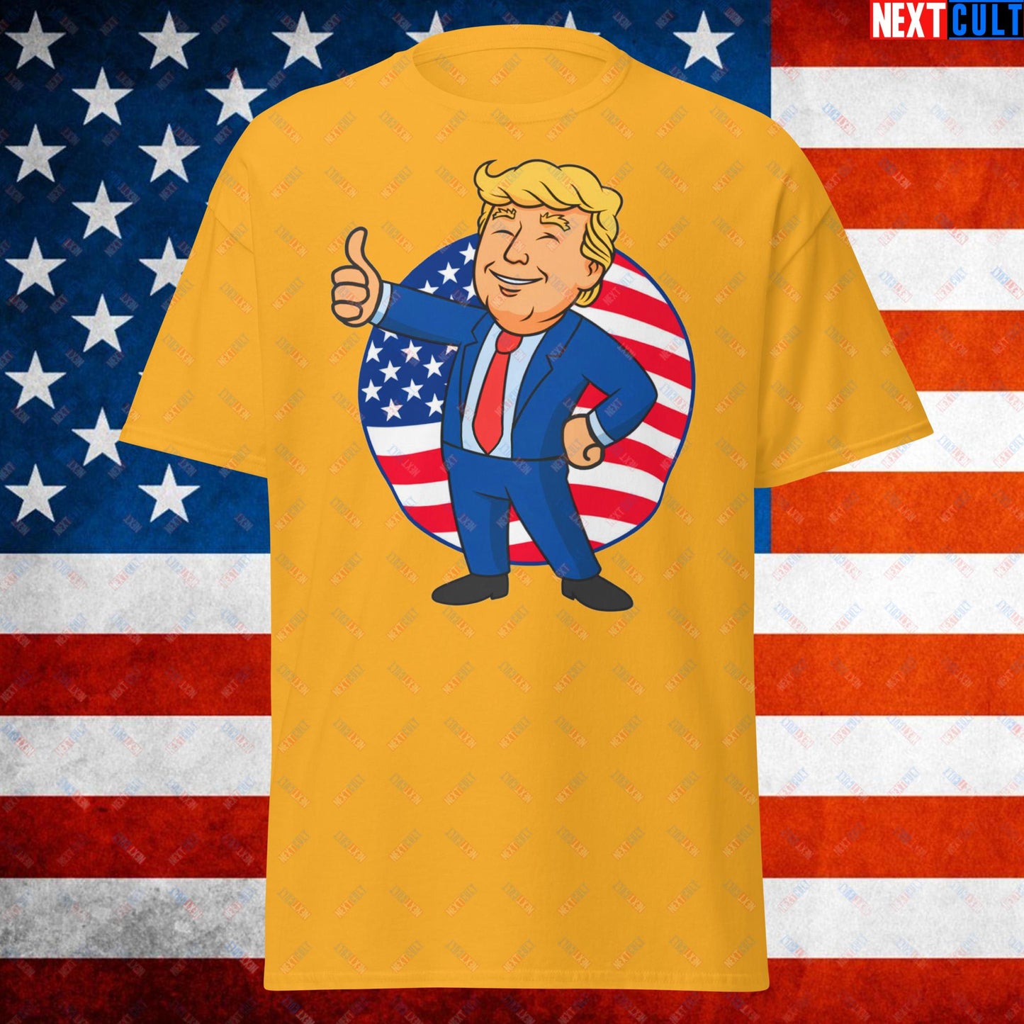 President Boy Donald Trump Politics Vault Boy Fallout Funny Meme Cartoon Mashup Unisex tee Gold T-shirts Donald Trump Fallout Politics Republicans Vault Boy Next Cult Brand