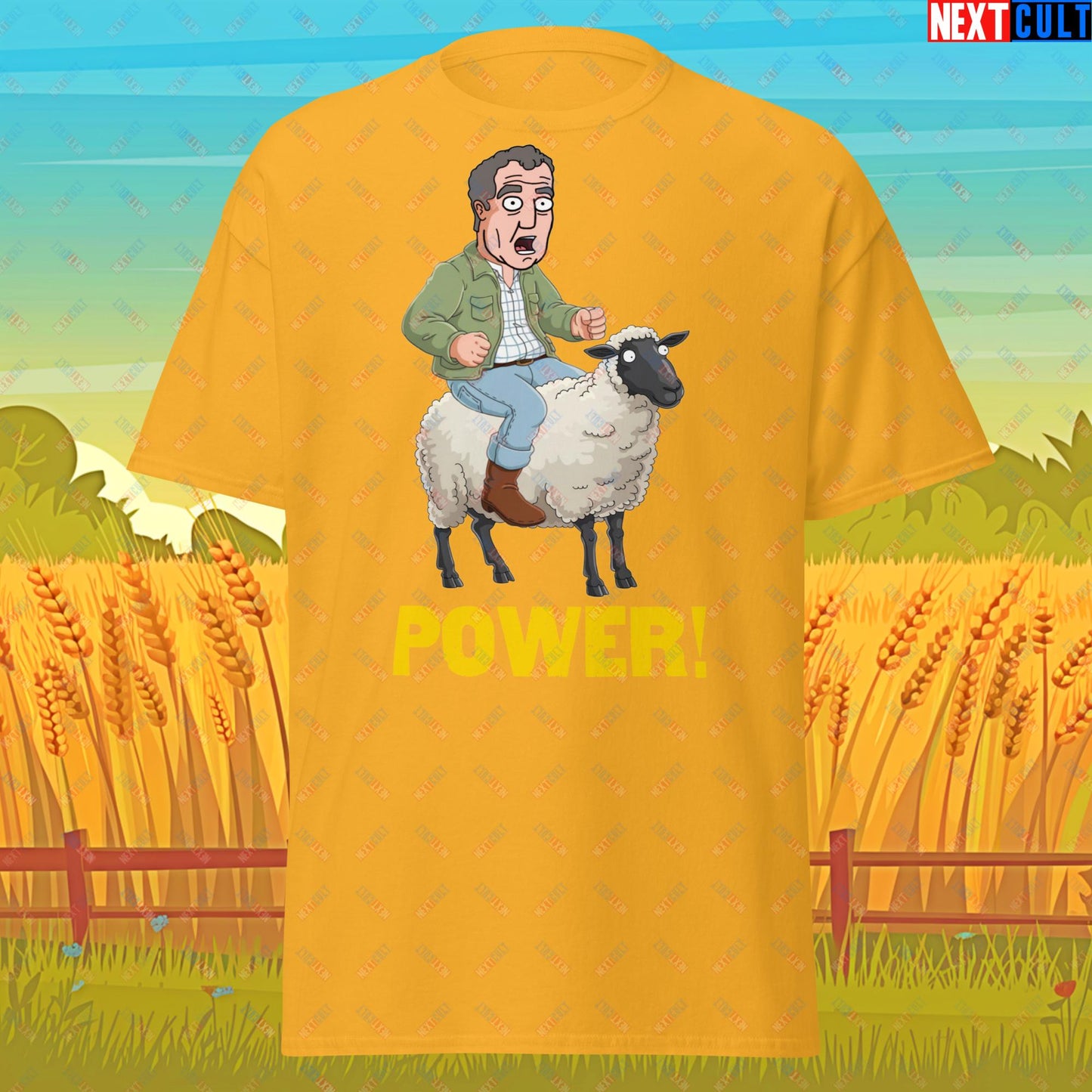 Power Sheep Jeremy Clarkson's Farm Diddly Squat Grand Tour Top Gear Funny Meme Cartoon Unisex tee Gold T-shirts Clarkson's Farm Grand Tour Jeremy Clarkson Top Gear TV Shows Next Cult Brand
