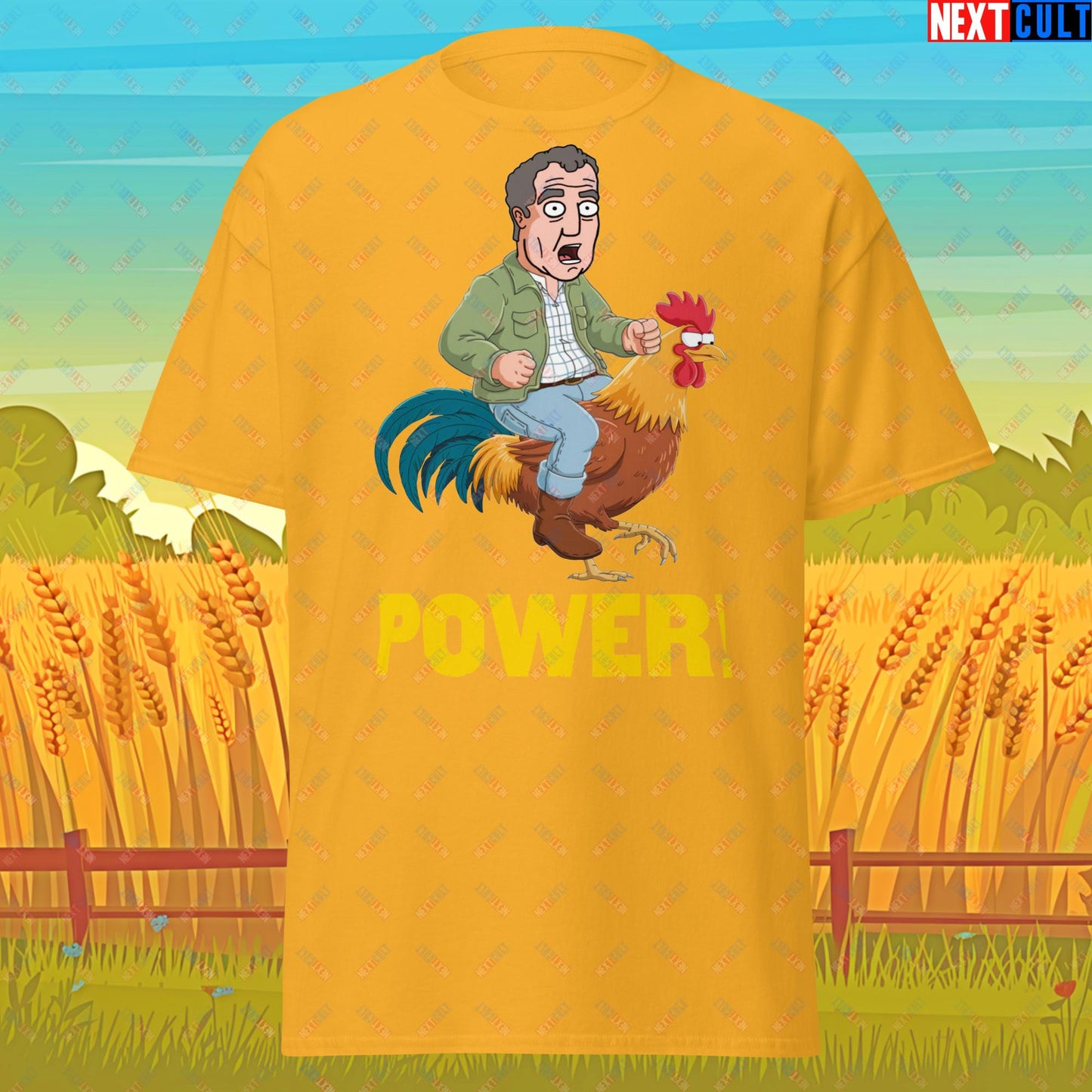Power Rooster Chicken Farming Jeremy Clarkson's Farm Diddly Squat Grand Tour Top Gear Funny Meme Cartoon Unisex tee Gold T-shirts Clarkson's Farm Grand Tour Jeremy Clarkson Top Gear TV Shows Next Cult Brand