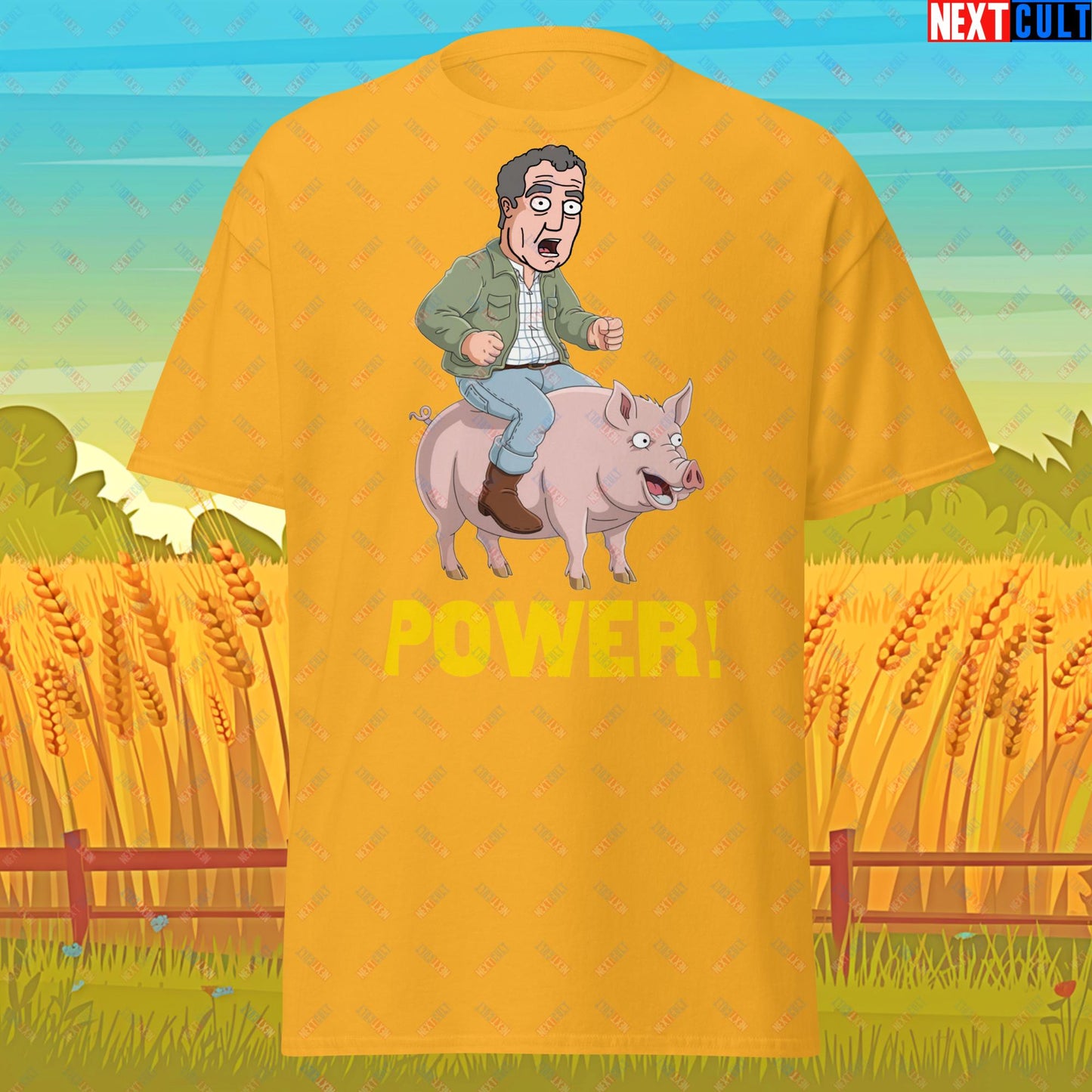 Power Pig Farming Jeremy Clarkson's Farm Diddly Squat Grand Tour Top Gear Funny Meme Cartoon Unisex tee Gold T-shirts Clarkson's Farm Grand Tour Jeremy Clarkson Top Gear TV Shows Next Cult Brand