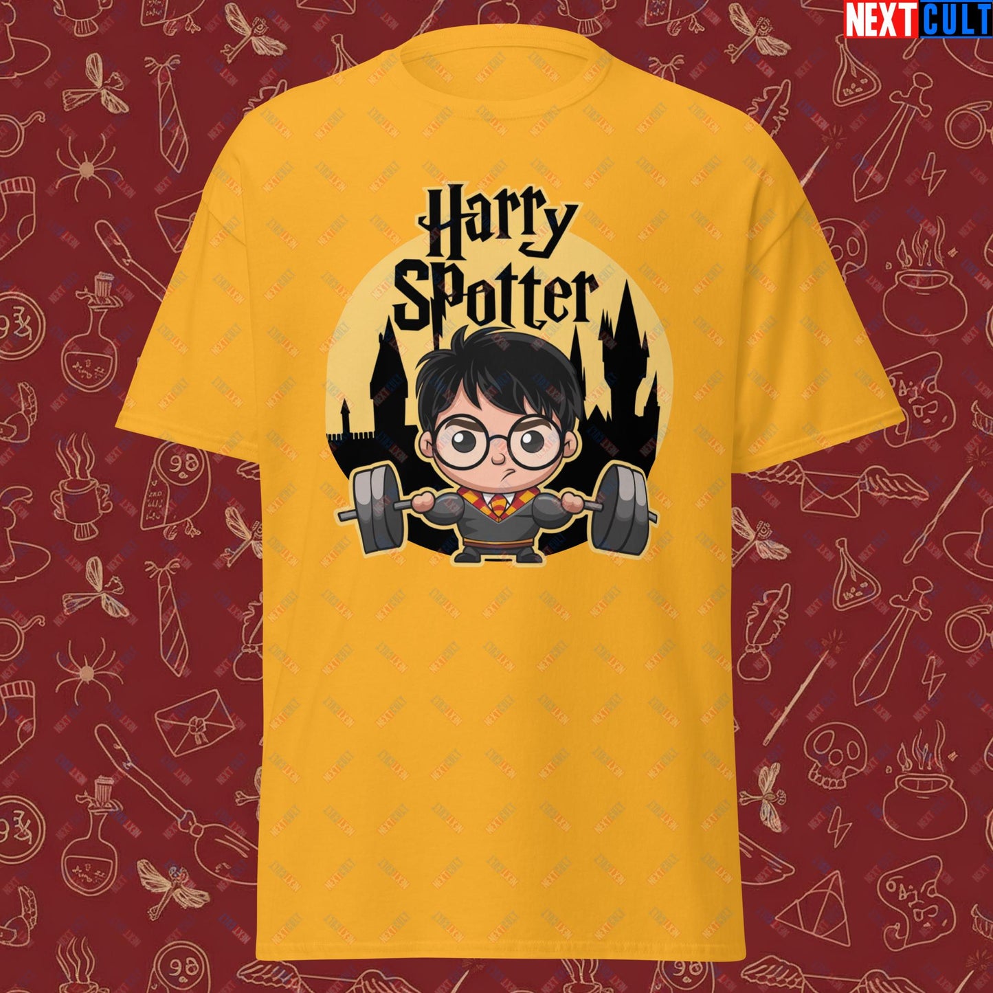 Harry Spotter Funny Gym Meme Weightlifting Bodybuilding Fitness Workout Unisex classic tee Gold T-shirts Bodybuilding Books Fitness Gym Harry Potter Powerlifting Pump Cover TV Workout Next Cult Brand