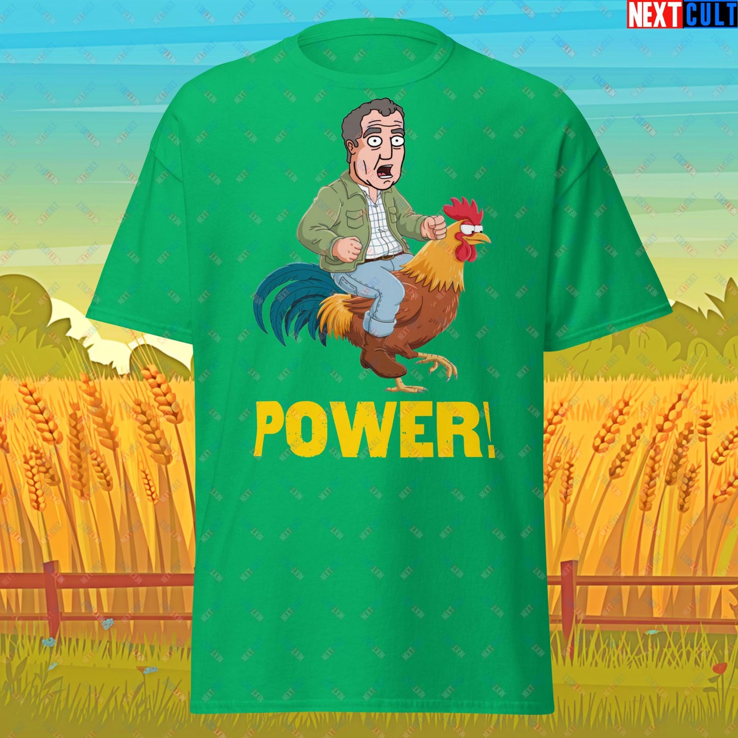 Power Rooster Chicken Farming Jeremy Clarkson's Farm Diddly Squat Grand Tour Top Gear Funny Meme Cartoon Unisex tee Irish Green T-shirts Clarkson's Farm Grand Tour Jeremy Clarkson Top Gear TV Shows Next Cult Brand