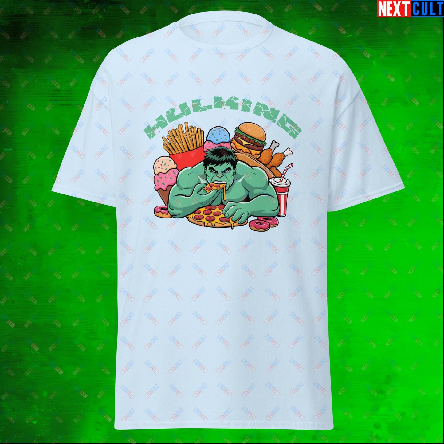 Hulking Bulking Funny Gym Meme Cartoon Unisex tee Light Blue T-shirts Avengers Bulking Fast Food Films Fitness Gym Hulk Movies Pump Cover Superheroes Workout Next Cult Brand