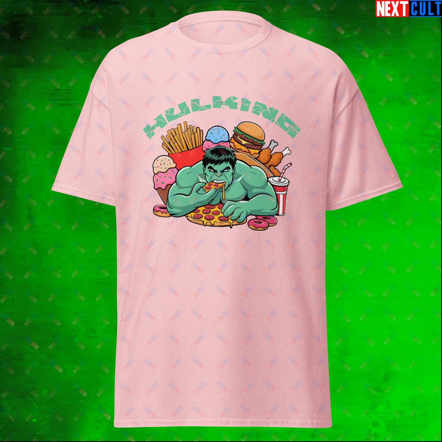 Hulking Bulking Funny Gym Meme Cartoon Unisex tee Light Pink T-shirts Avengers Bulking Fast Food Films Fitness Gym Hulk Movies Pump Cover Superheroes Workout Next Cult Brand