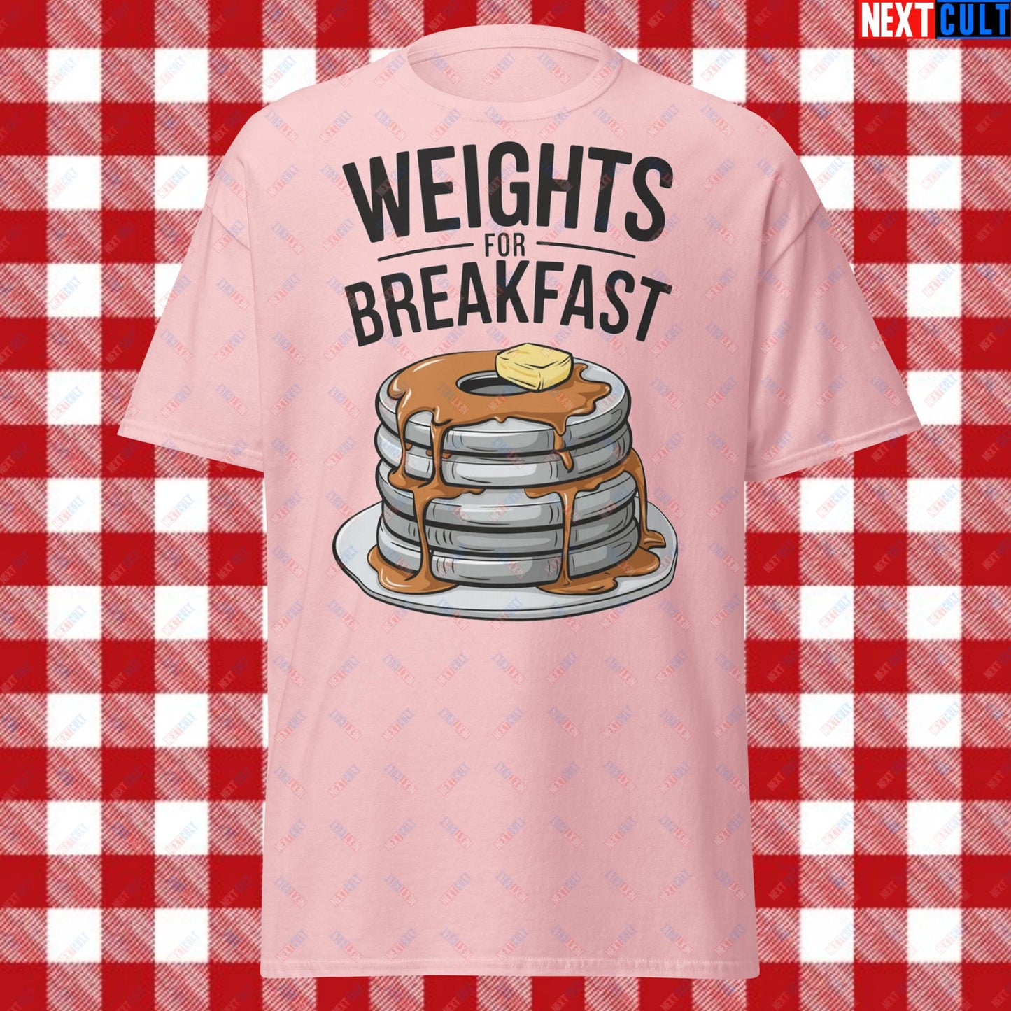 Weights For Breakfast Pancake Weights Funny Gym Workout Fitness Lifting Meme Cartoon Unisex tee Light Pink T-shirts Bodybuilding Bulking Fast Food Fitness Gym Powerlifting Pump Cover Workout Next Cult Brand