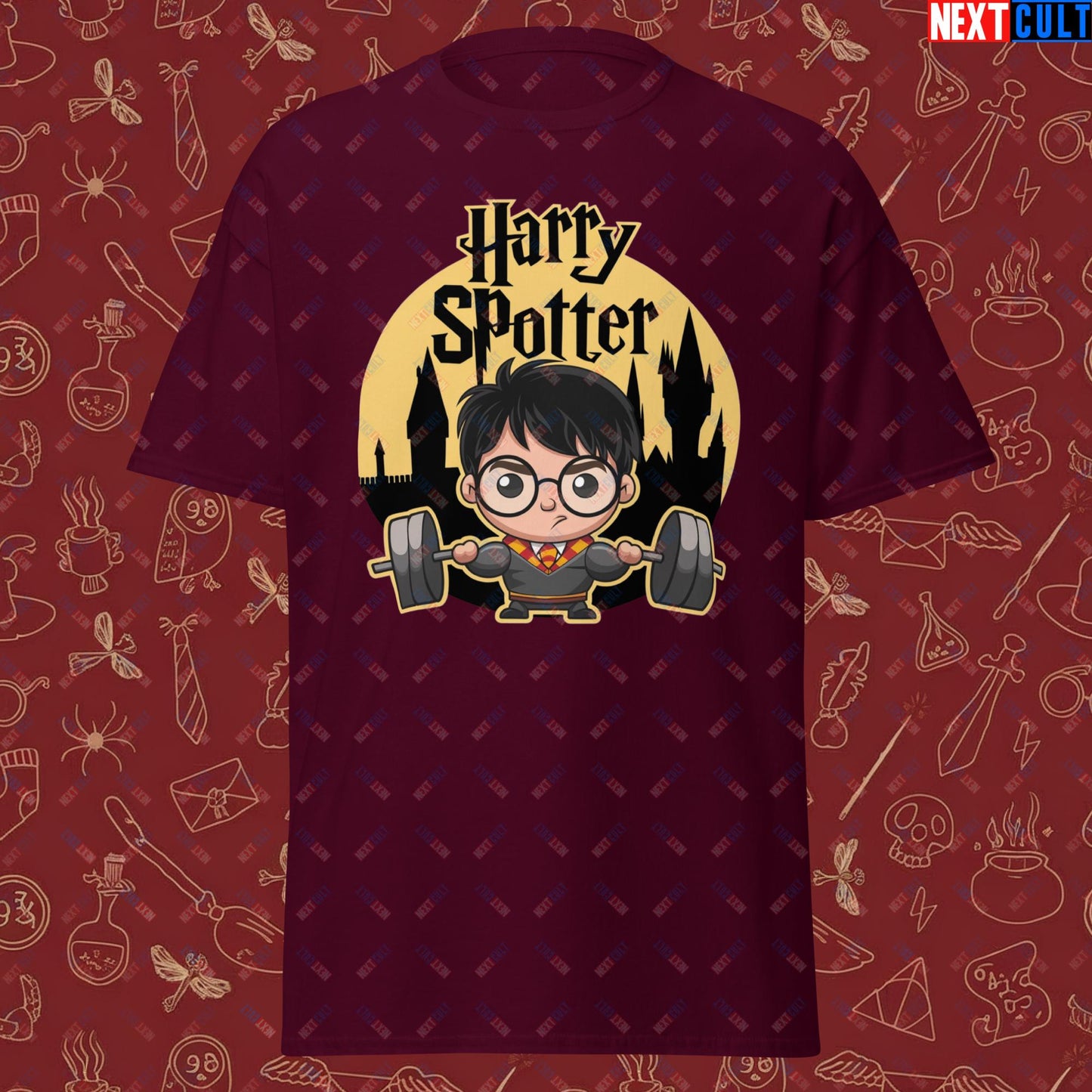 Harry Spotter Funny Gym Meme Weightlifting Bodybuilding Fitness Workout Unisex classic tee Maroon T-shirts Bodybuilding Books Fitness Gym Harry Potter Powerlifting Pump Cover TV Workout Next Cult Brand