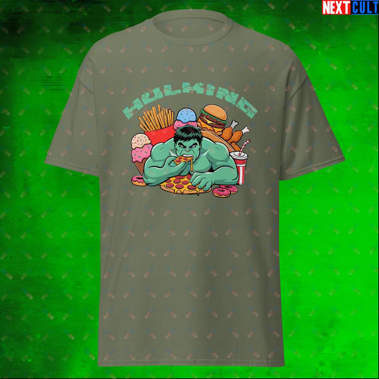 Hulking Bulking Funny Gym Meme Cartoon Unisex tee Military Green T-shirts Avengers Bulking Fast Food Films Fitness Gym Hulk Movies Pump Cover Superheroes Workout Next Cult Brand