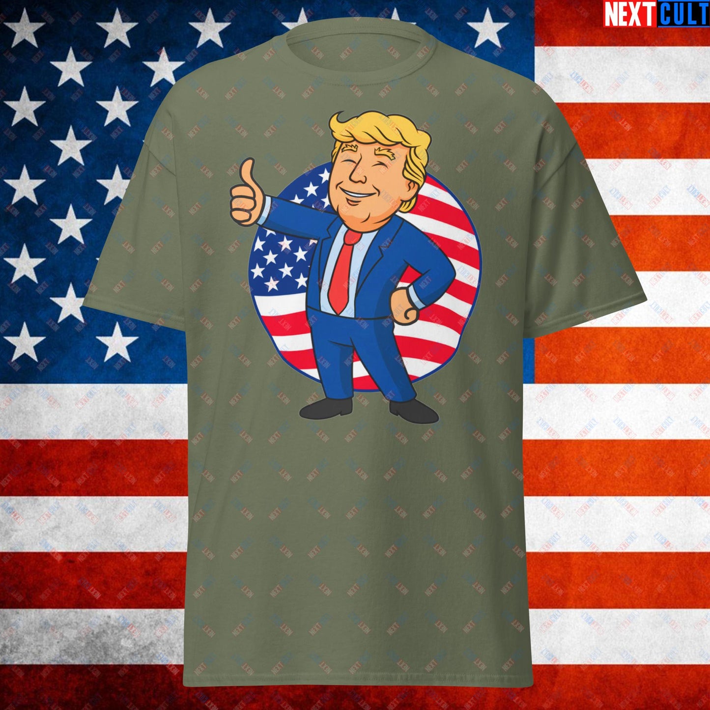 President Boy Donald Trump Politics Vault Boy Fallout Funny Meme Cartoon Mashup Unisex tee Military Green T-shirts Donald Trump Fallout Politics Republicans Vault Boy Next Cult Brand