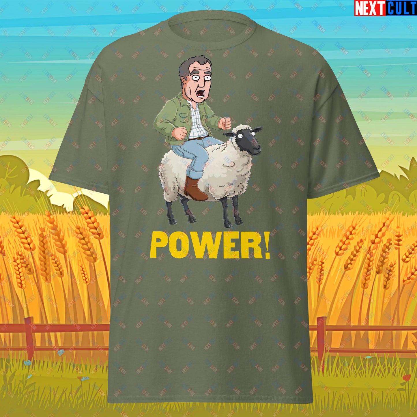 Power Sheep Jeremy Clarkson's Farm Diddly Squat Grand Tour Top Gear Funny Meme Cartoon Unisex tee Military Green T-shirts Clarkson's Farm Grand Tour Jeremy Clarkson Top Gear TV Shows Next Cult Brand