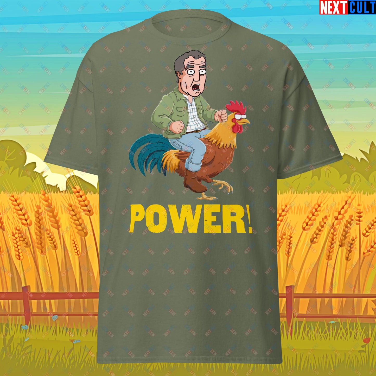 Power Rooster Chicken Farming Jeremy Clarkson's Farm Diddly Squat Grand Tour Top Gear Funny Meme Cartoon Unisex tee Military Green T-shirts Clarkson's Farm Grand Tour Jeremy Clarkson Top Gear TV Shows Next Cult Brand