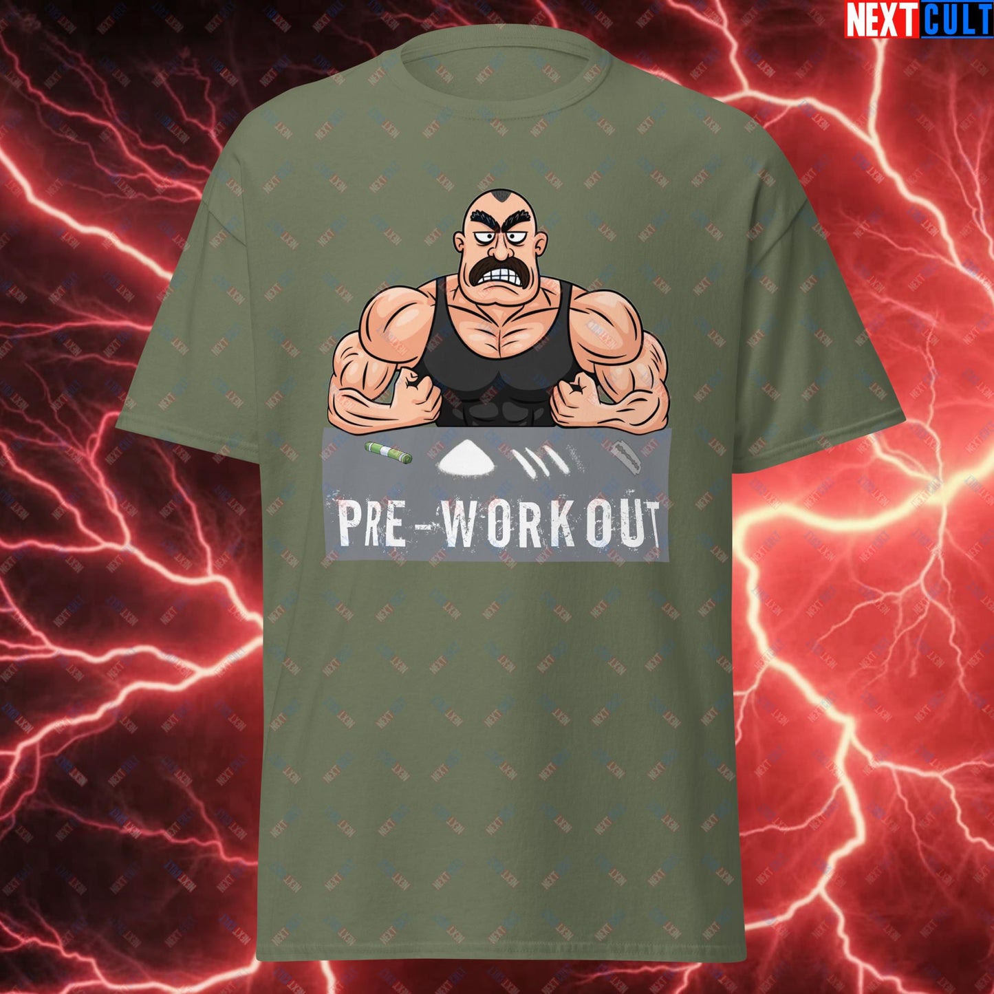 I Love Pre-workout Gym Bro Fitness Bodybuilding Workout Weightlifting Powerlifting Funny Meme Cartoon Unisex tee Military Green T-shirts Fitness Gym Pump Cover Workout Next Cult Brand