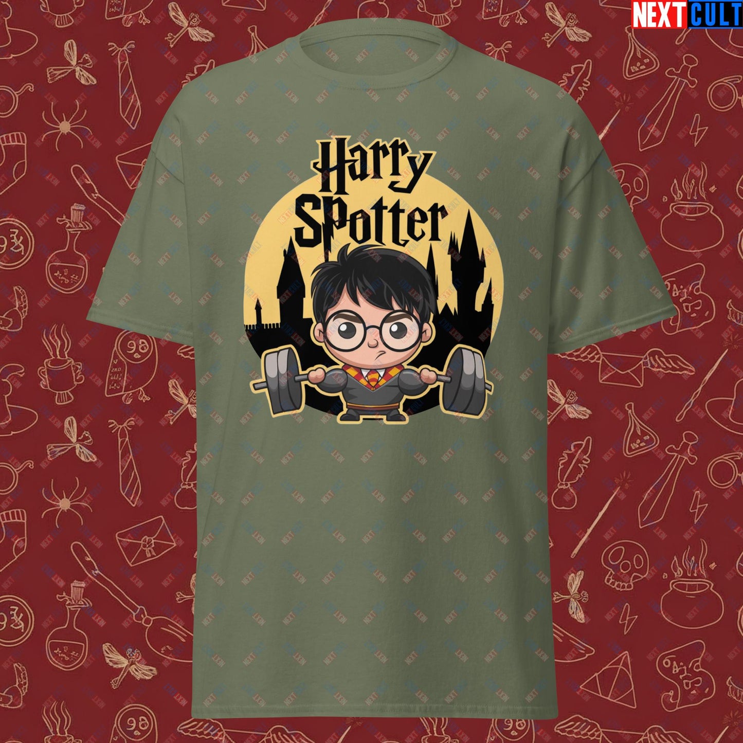 Harry Spotter Funny Gym Meme Weightlifting Bodybuilding Fitness Workout Unisex classic tee Military Green T-shirts Bodybuilding Books Fitness Gym Harry Potter Powerlifting Pump Cover TV Workout Next Cult Brand