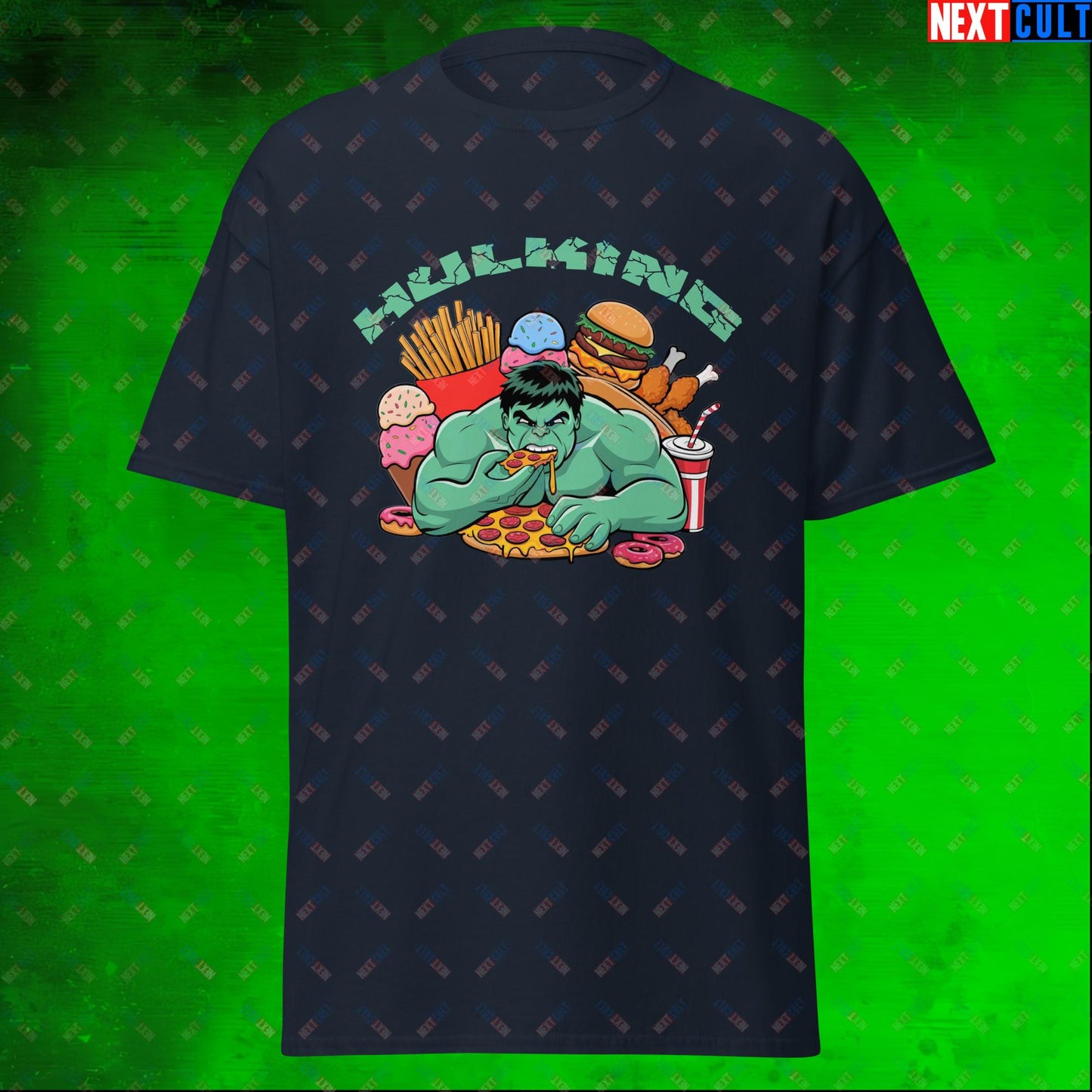 Hulking Bulking Funny Gym Meme Cartoon Unisex tee Navy T-shirts Avengers Bulking Fast Food Films Fitness Gym Hulk Movies Pump Cover Superheroes Workout Next Cult Brand